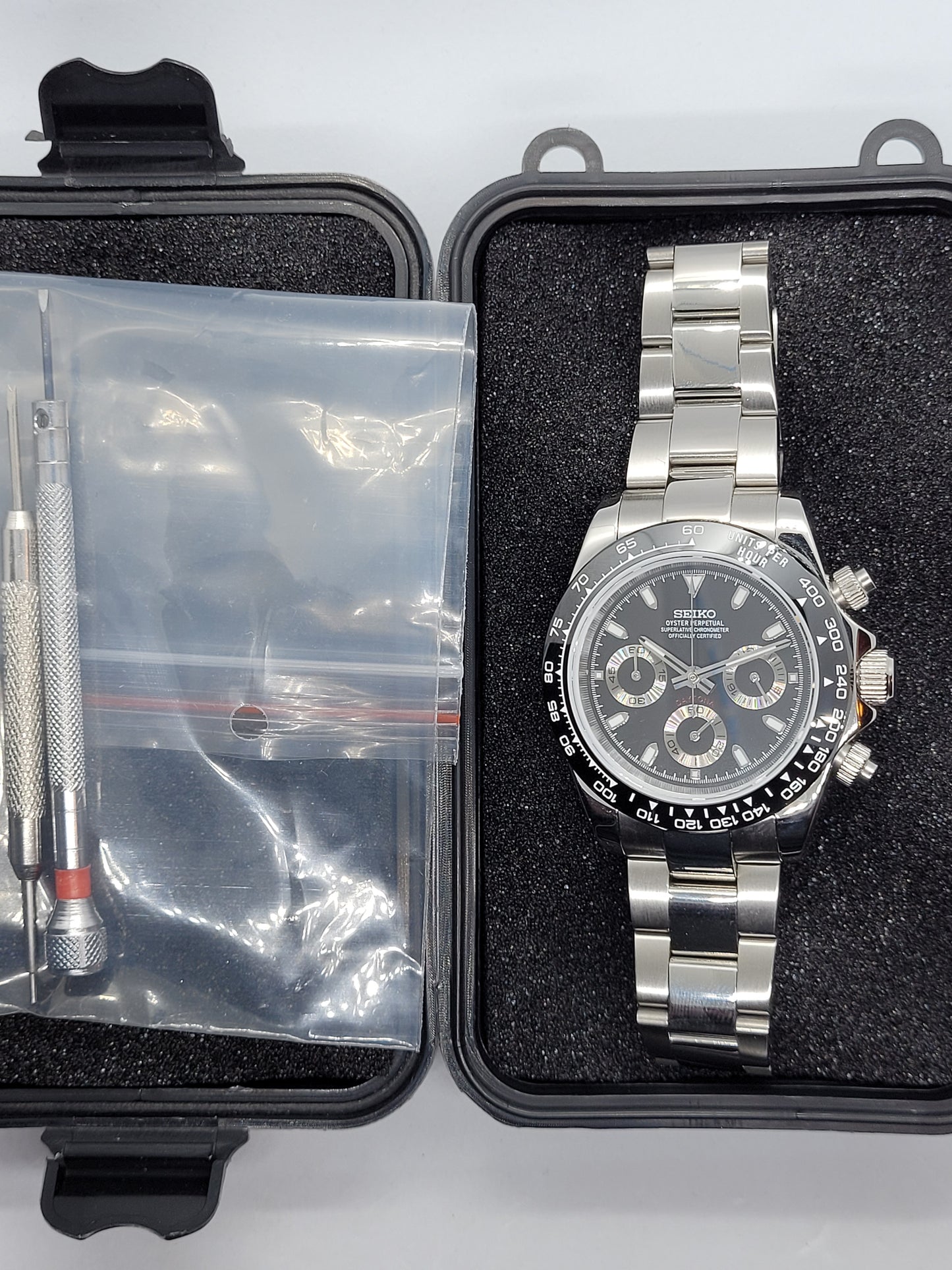 Seiko Mod Daytona Black Chronograph Vk63 Quartz 40mm Custom Ceramic Bezel