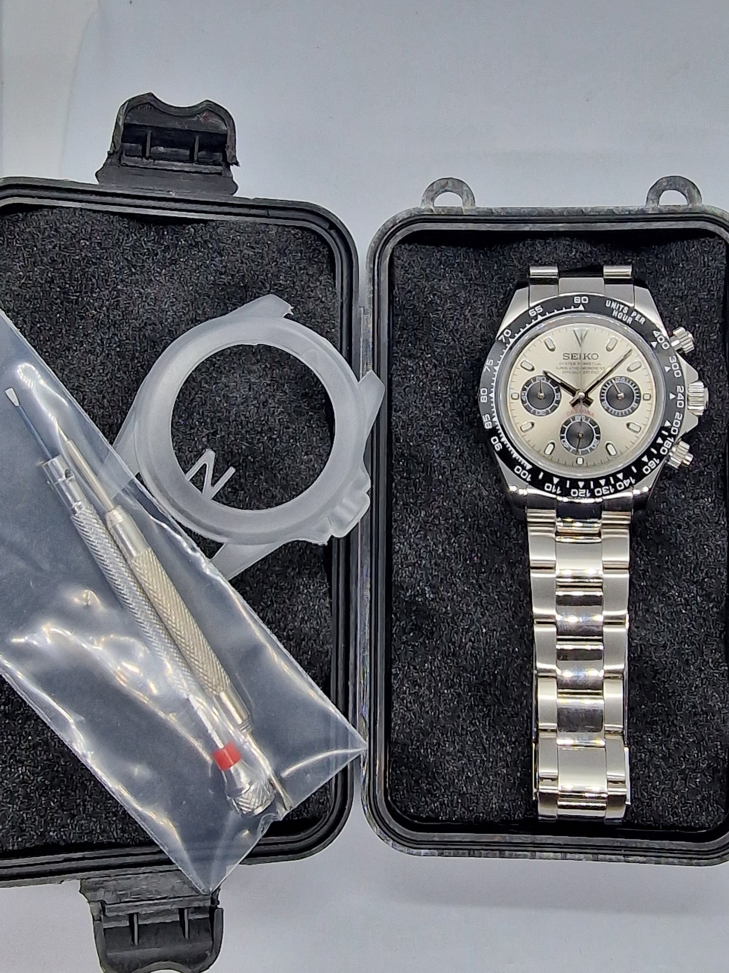 Seiko Mod Daytona Ghost Gray Chronograph Vk63 Quartz 40mm Sapphire Glass Custom