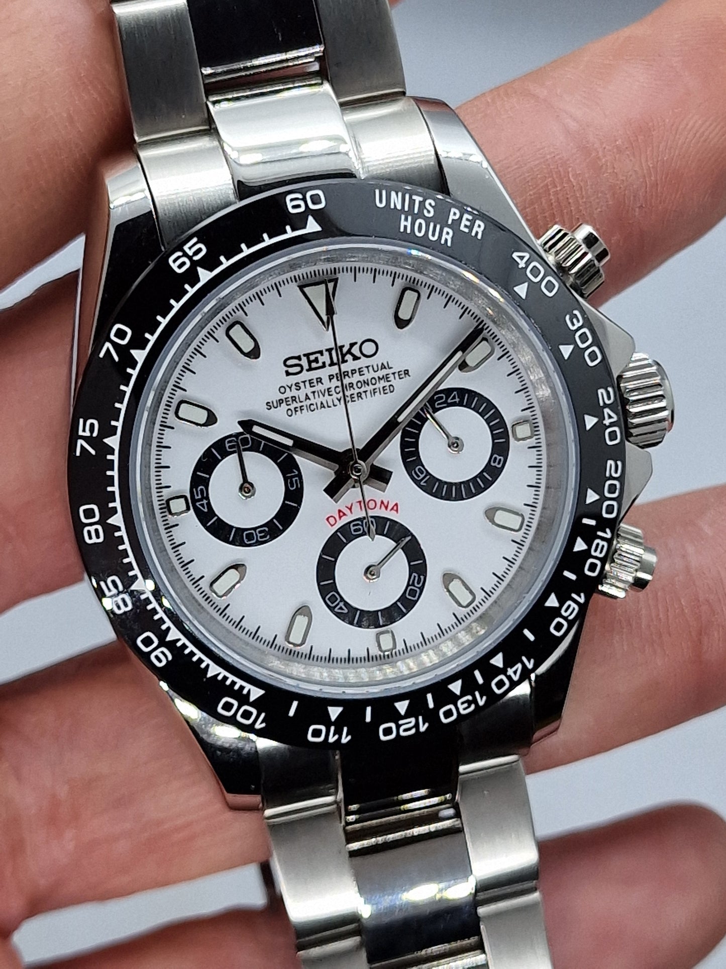 Seiko Mod Daytona White Chronograph Vk63 Quartz Ceramic Bezel Custom