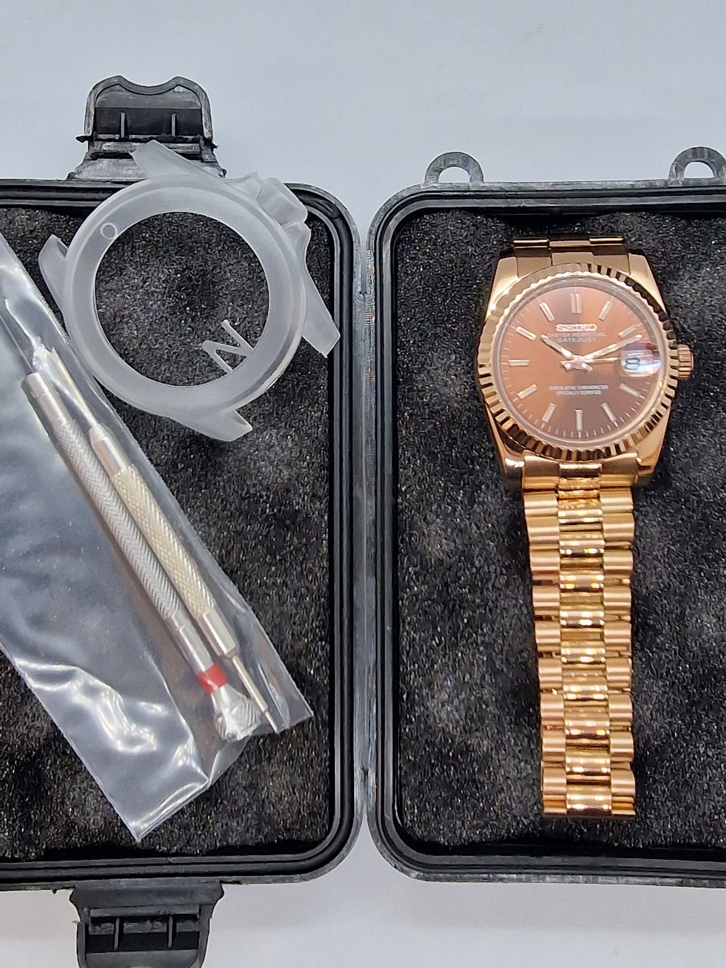 Seiko Mod Datejust "Chocolate" Nh35 oro rosa automatico 36mm vetro zaffiro