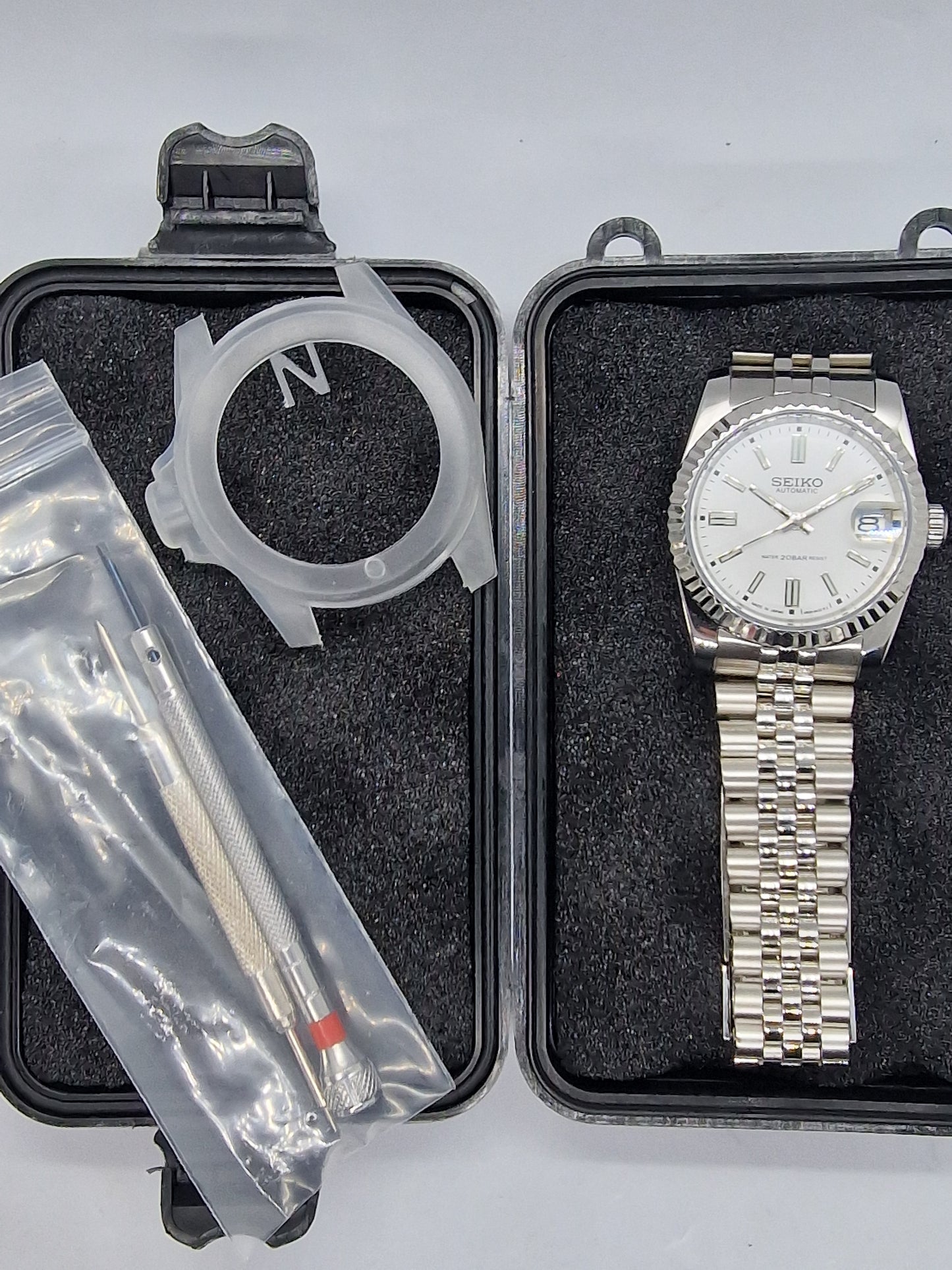 Seiko Mod Datejust bianco Nh35 automatico 36mm vetro zaffiro