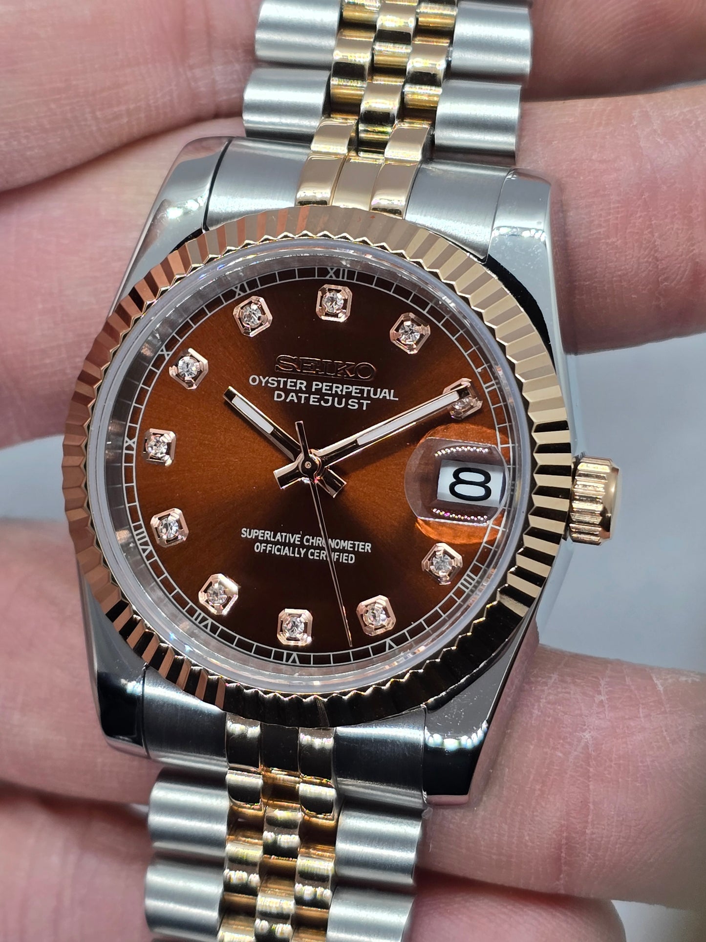 Seiko Mod Datejust Nh35 automatico 36mm acciaio e oro rosa vetro zaffiro