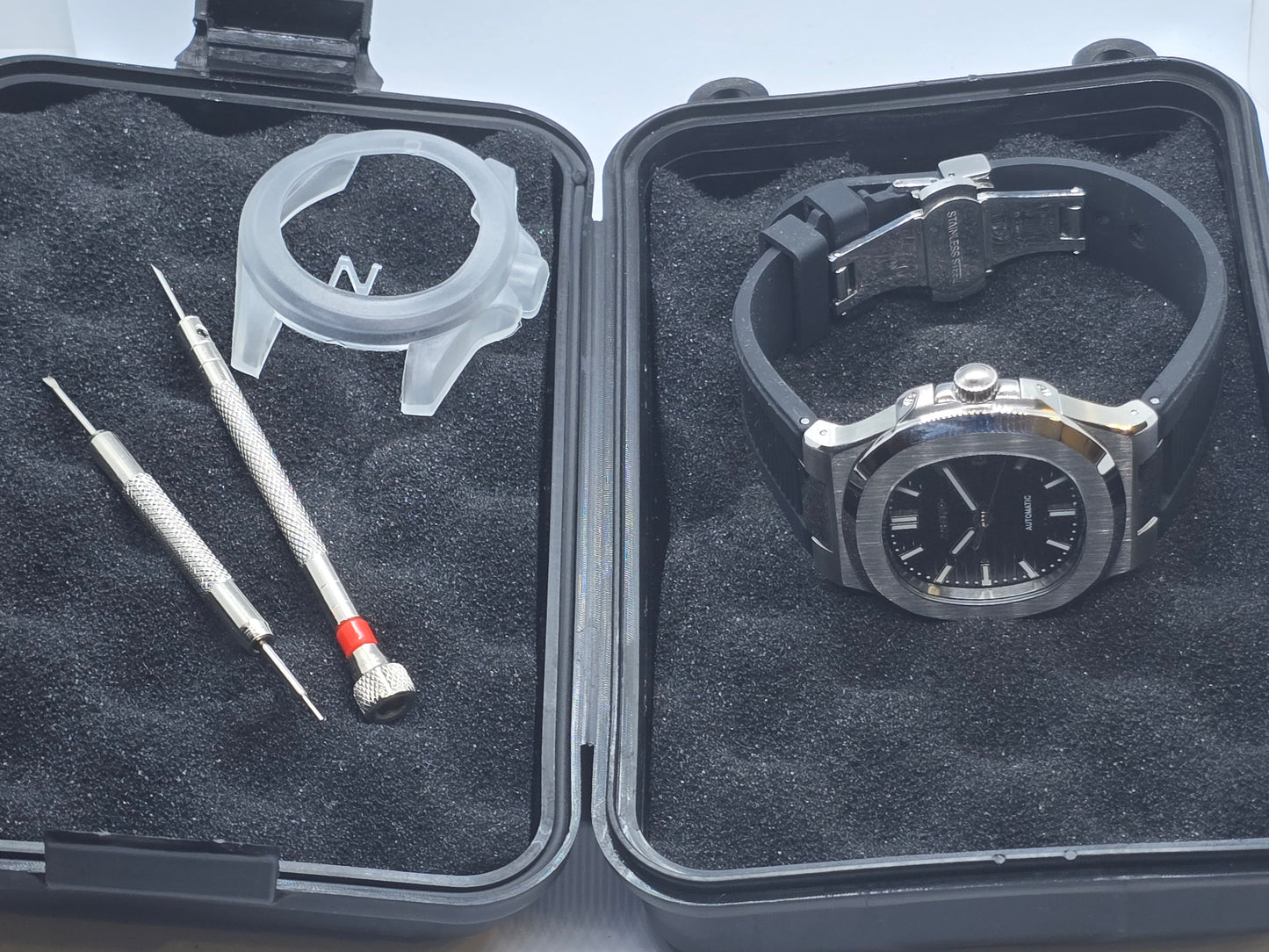 Seiko Mod Nautilus nero Nh35 automatico 40 mm vetro zaffiro con cinturino in gomma nero