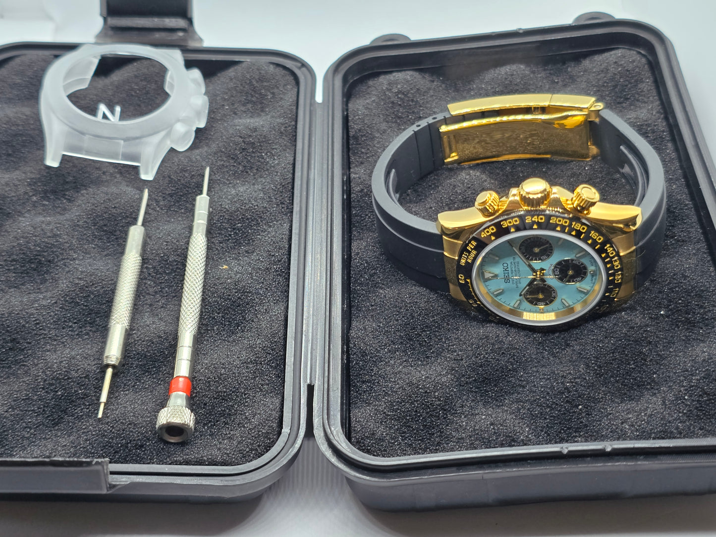 Seiko Mod Daytona Tiffany cronografo oro giallo Vk63 quarzo 40mm lunetta ceramica