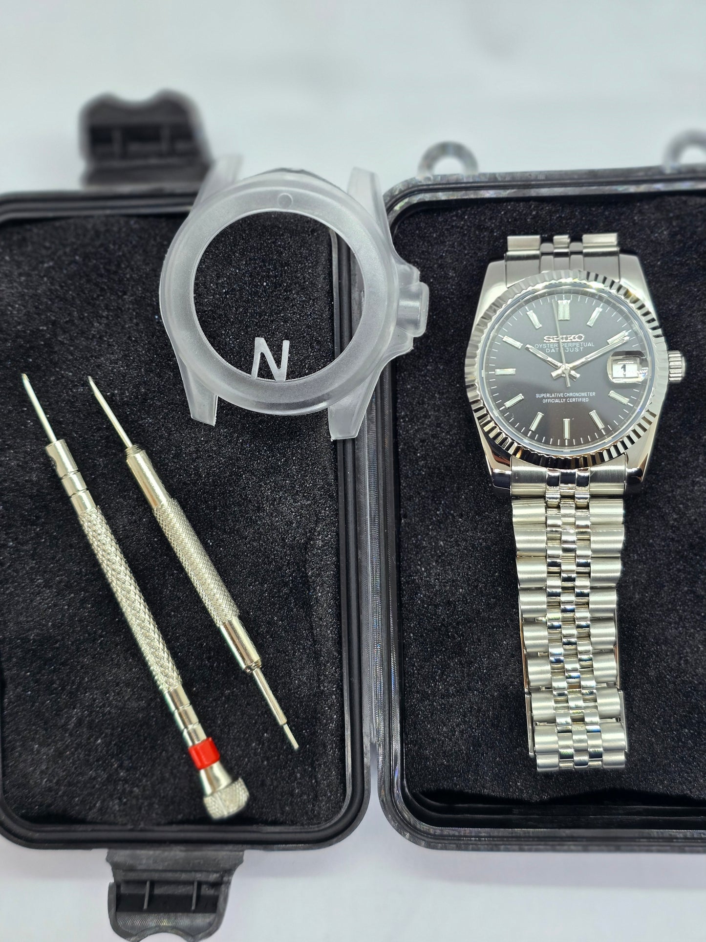 Seiko Mod Datejust nero Nh35 automatico 36mm vetro zaffiro