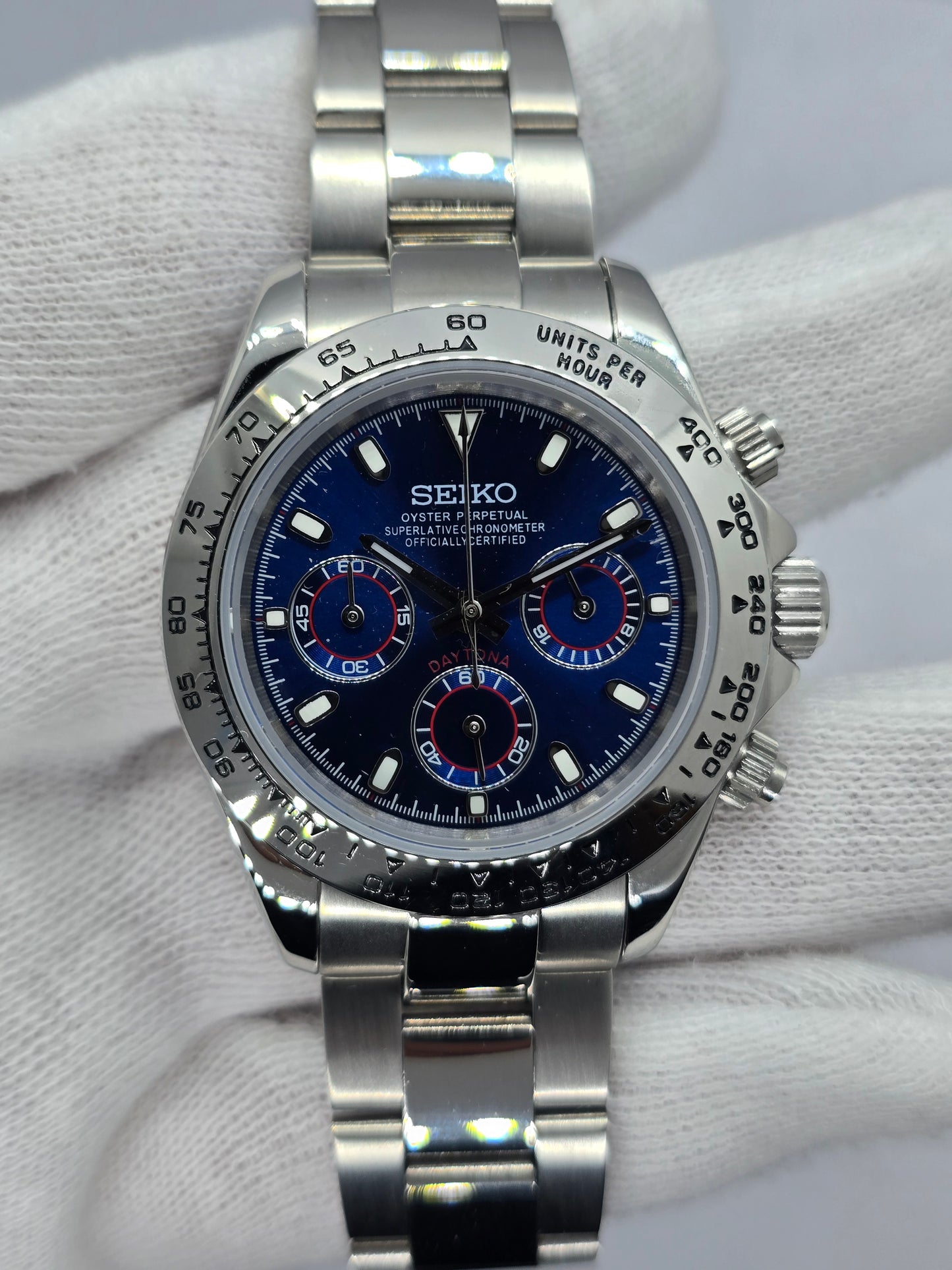 Seiko Mod Daytona blu cronografo Vk63 quarzo vetro zaffiro