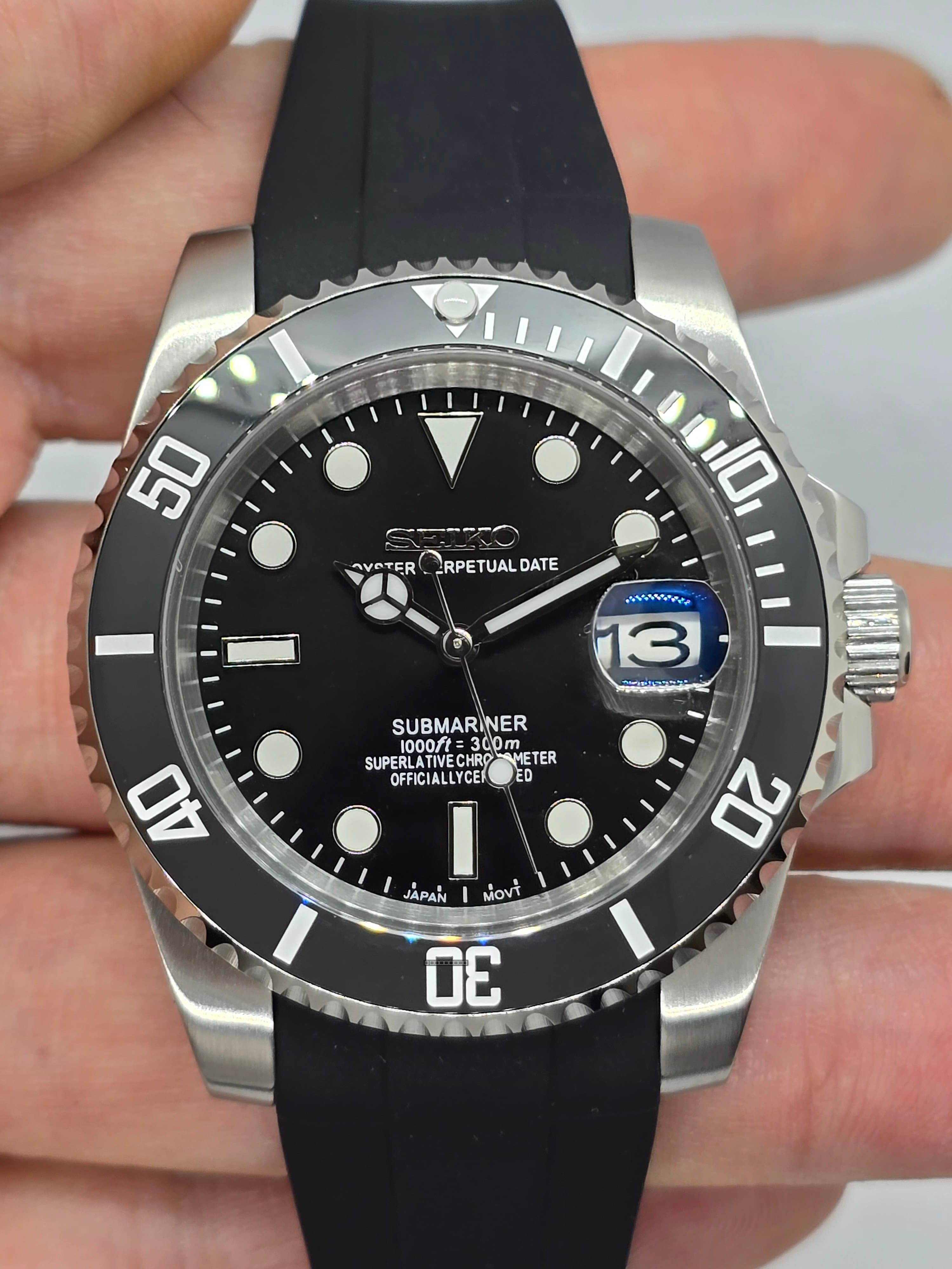 Orologio Mod Submariner nero Nh35 automatico 40mm cinturino gomma vetro zaffiro