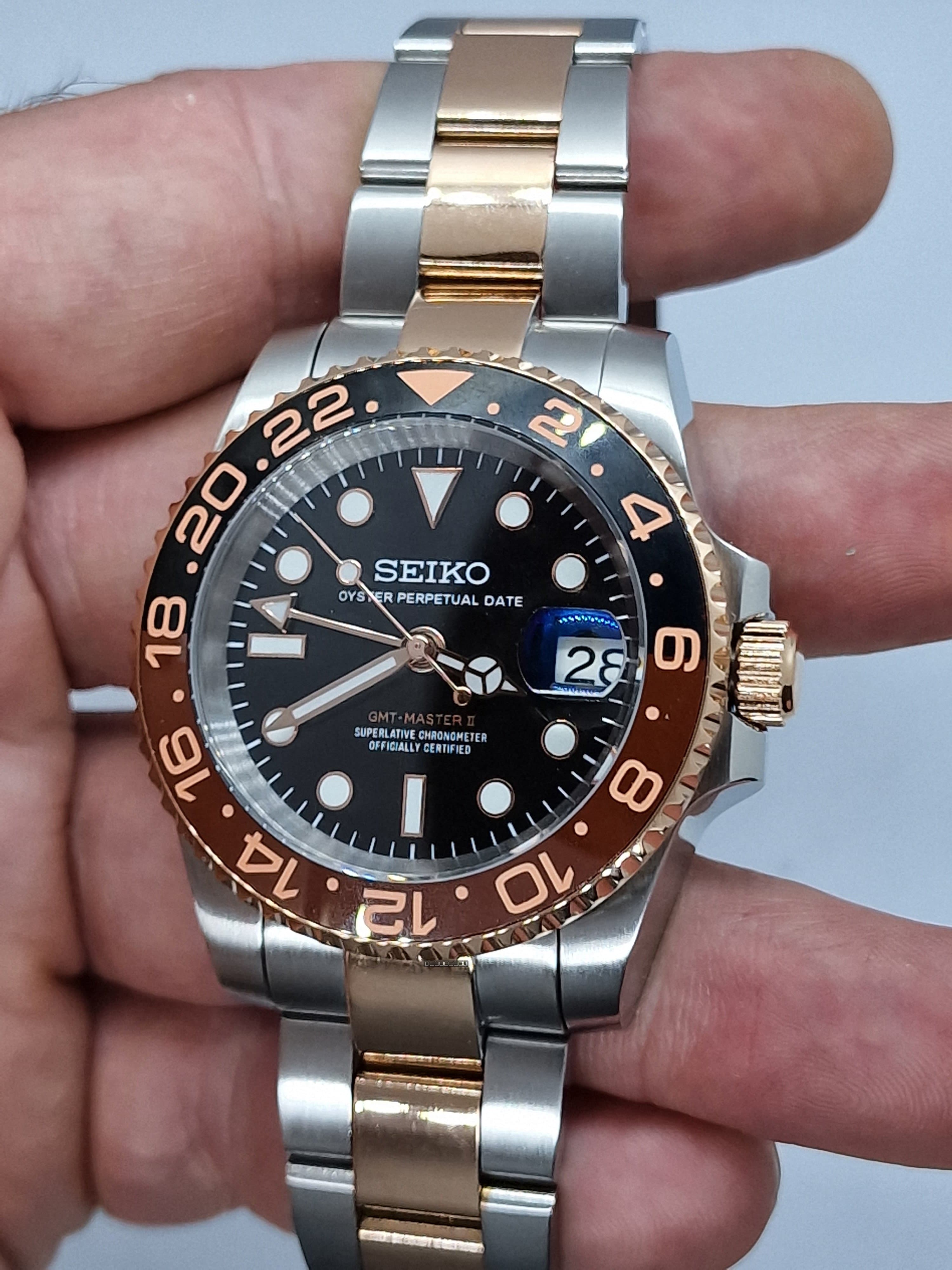 Orologio Mod Gmt Rootbeer acciaio e oro rosa Nh34 Gmt automatico 40mm vetro zaffiro