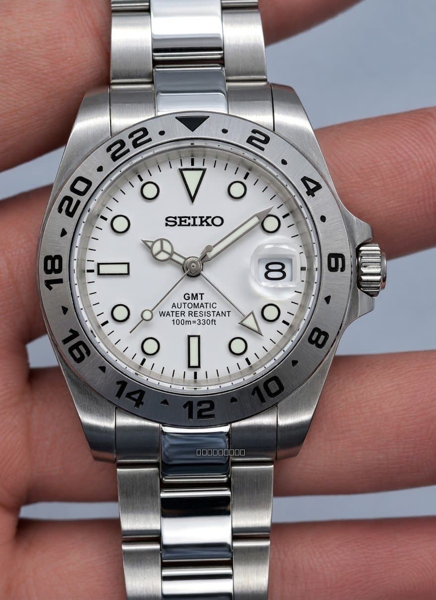 Orologio Mod Gmt bianco Nh34 automatico 40mm vetro zaffiro cinturino Oyster