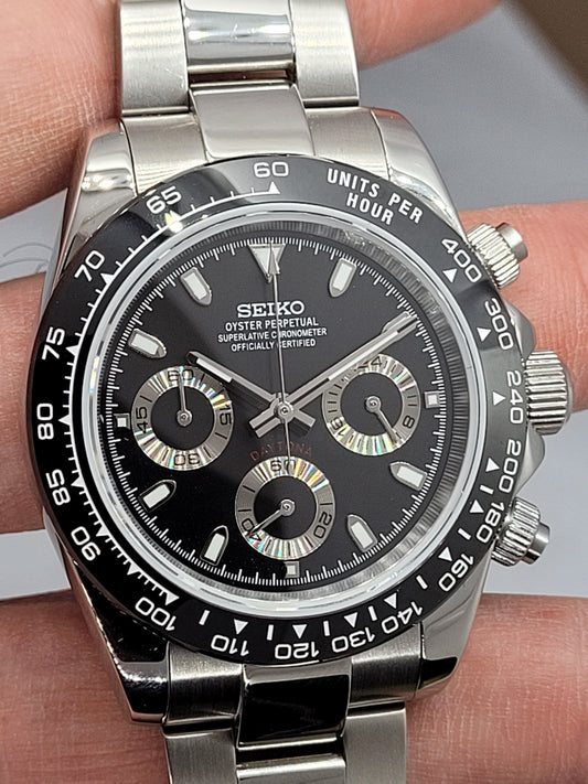 Seiko Mod Daytona cronografo nero Vk63 quarzo 40 mm lunetta ceramica