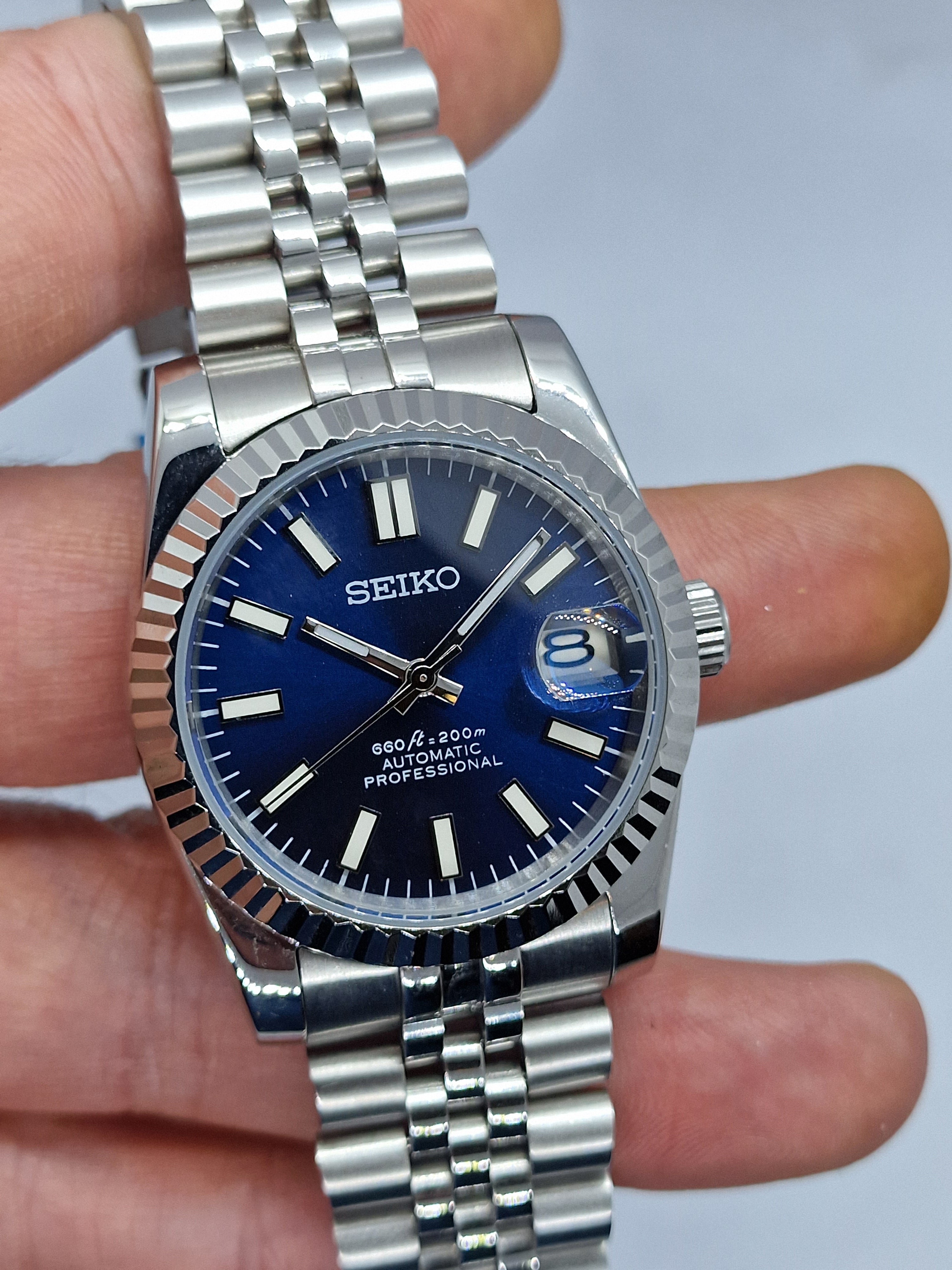 Seiko Mod Datejust Blue Nh35 Automatic 36mm Custom Sapphire Glass