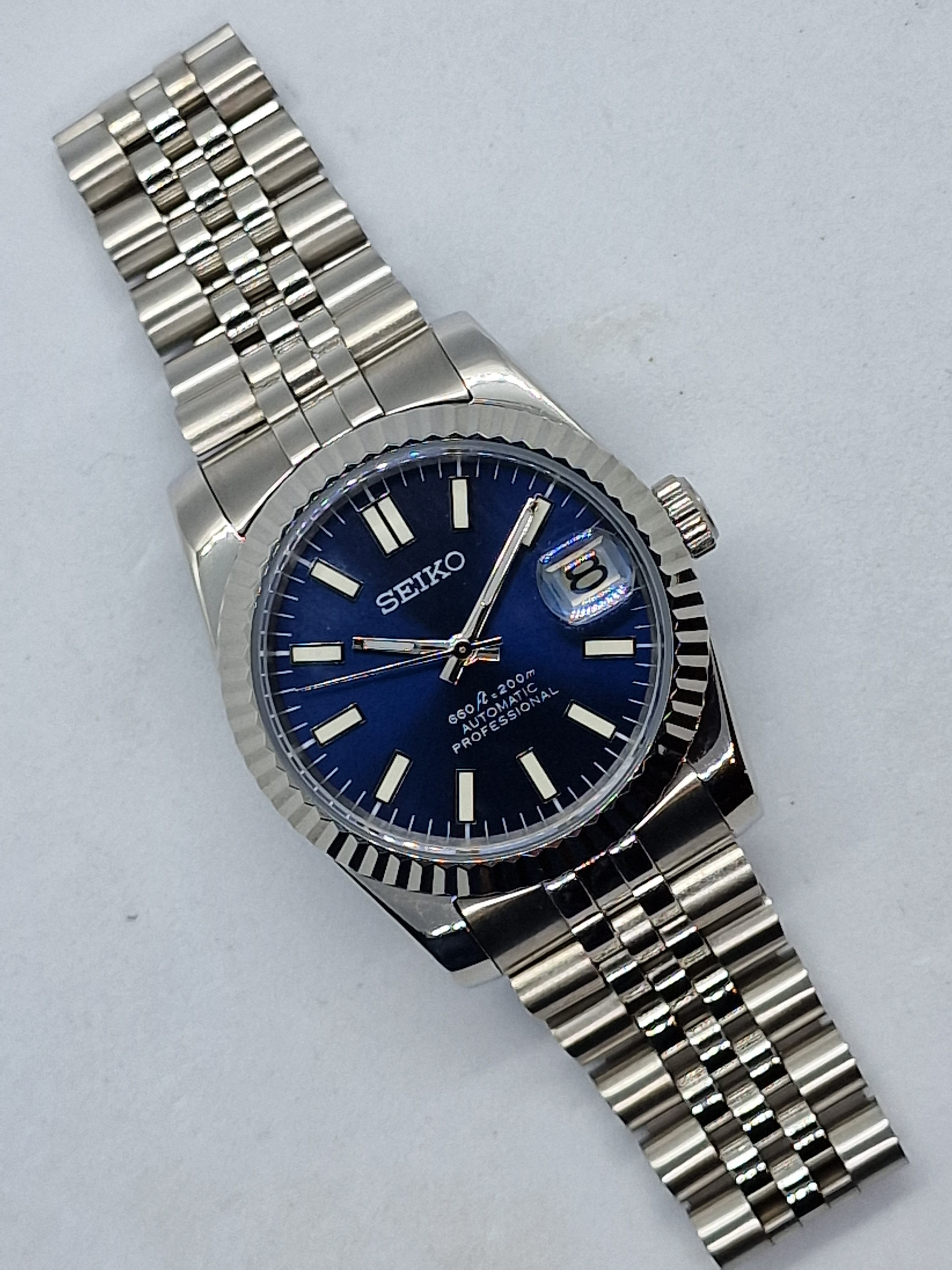 Seiko Mod Datejust Blue Nh35 Automatic 36mm Custom Sapphire Glass 