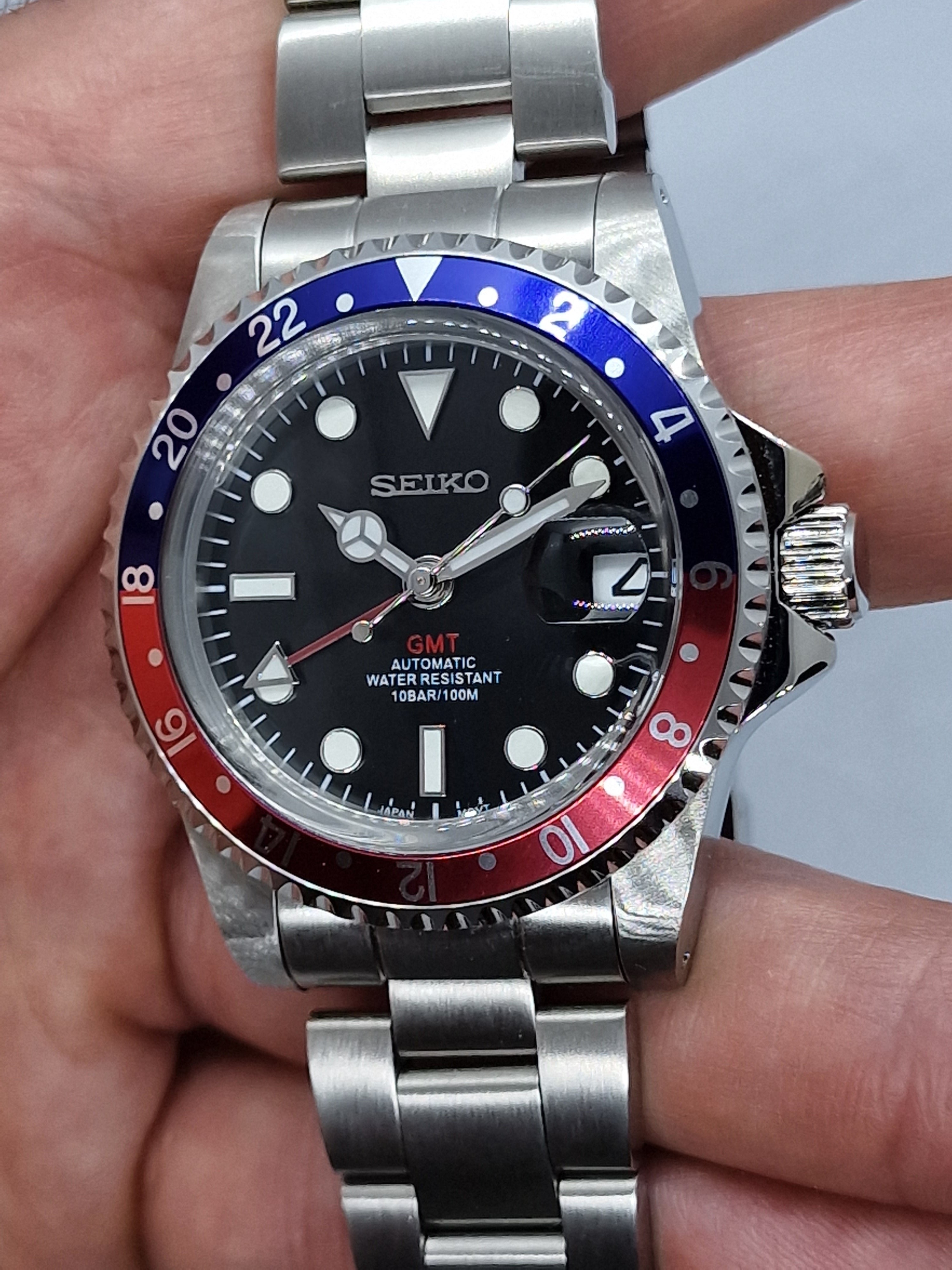 Seiko Mod Pepsi Nh34 Custom Seiko Nh34 Gmt Automatic Movement 39,5mm  Plexiglass Domed Glass Oyster Customizzato