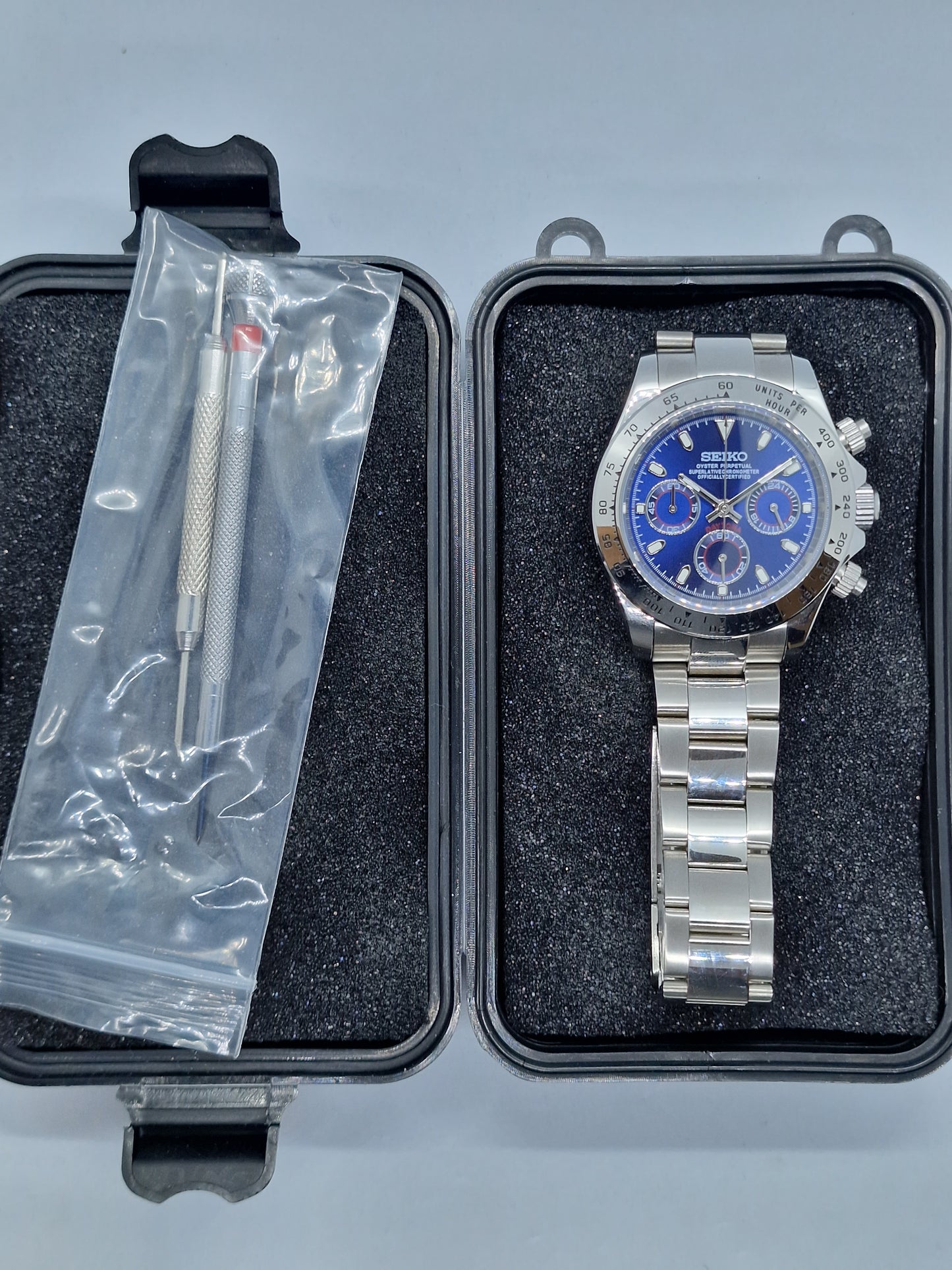Seiko Mod Daytona Blue Chronograph Vk63 Quarz 40 mm Saphirglas Custom