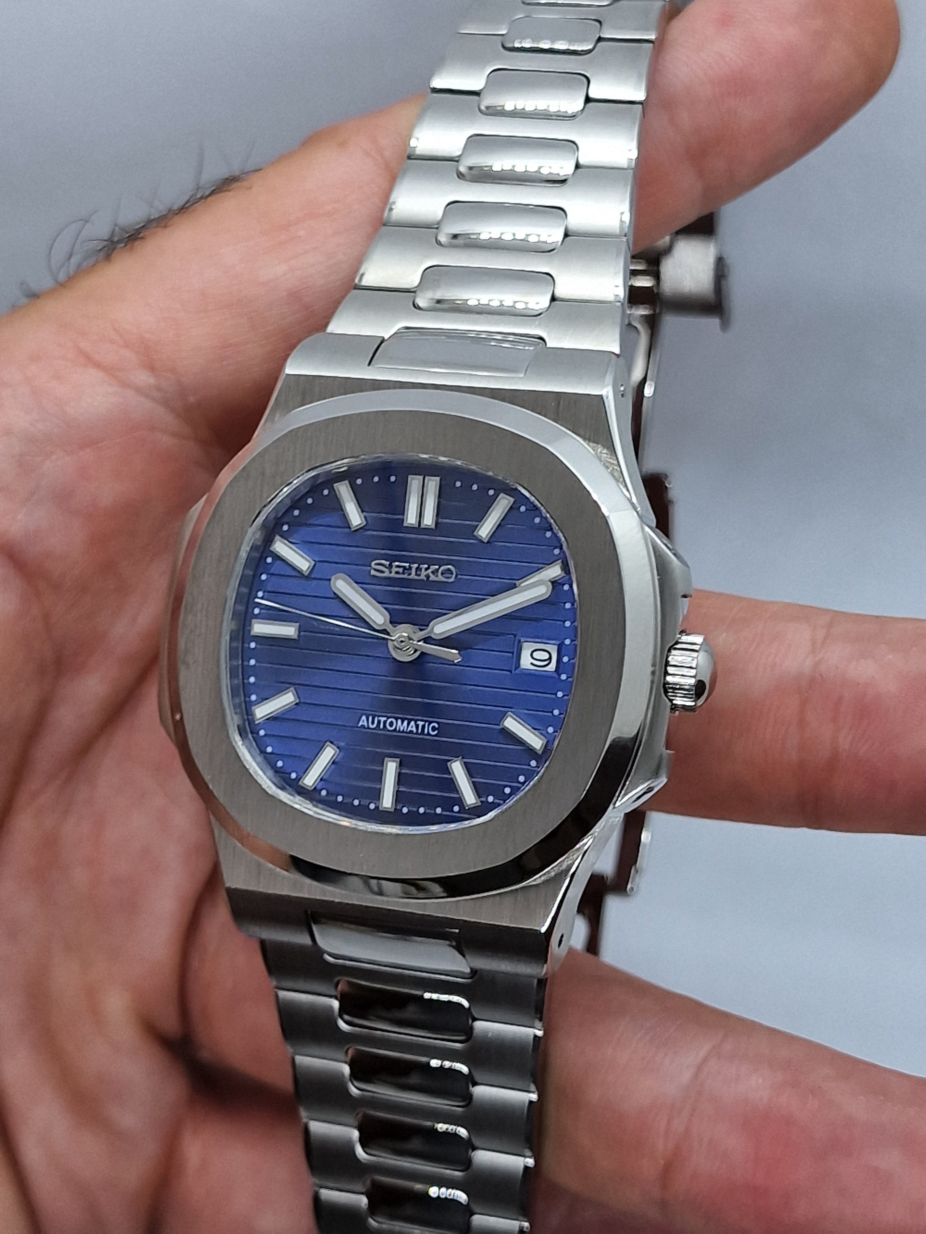 Seiko Mod Nautilus Blue Nh35 Automatic 40mm Custom Sapphire Glass