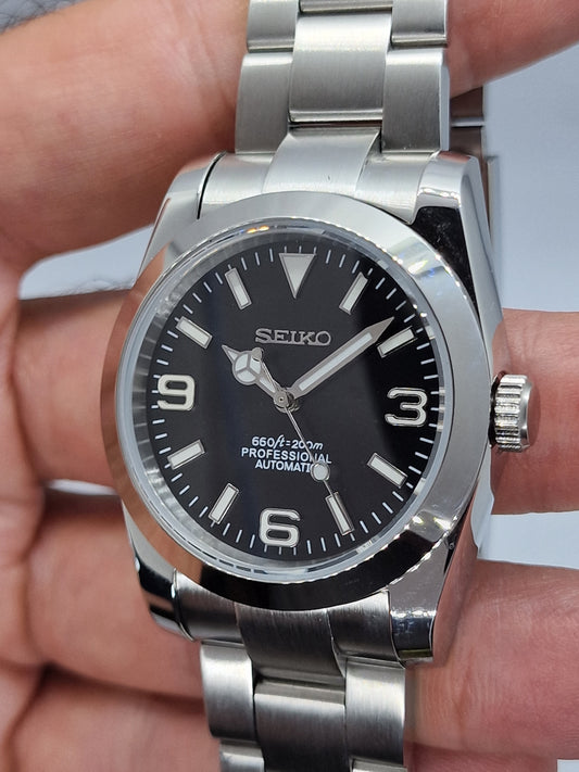 Seiko Mod Explorer nero Nh35 automatico 36 mm vetro zaffiro