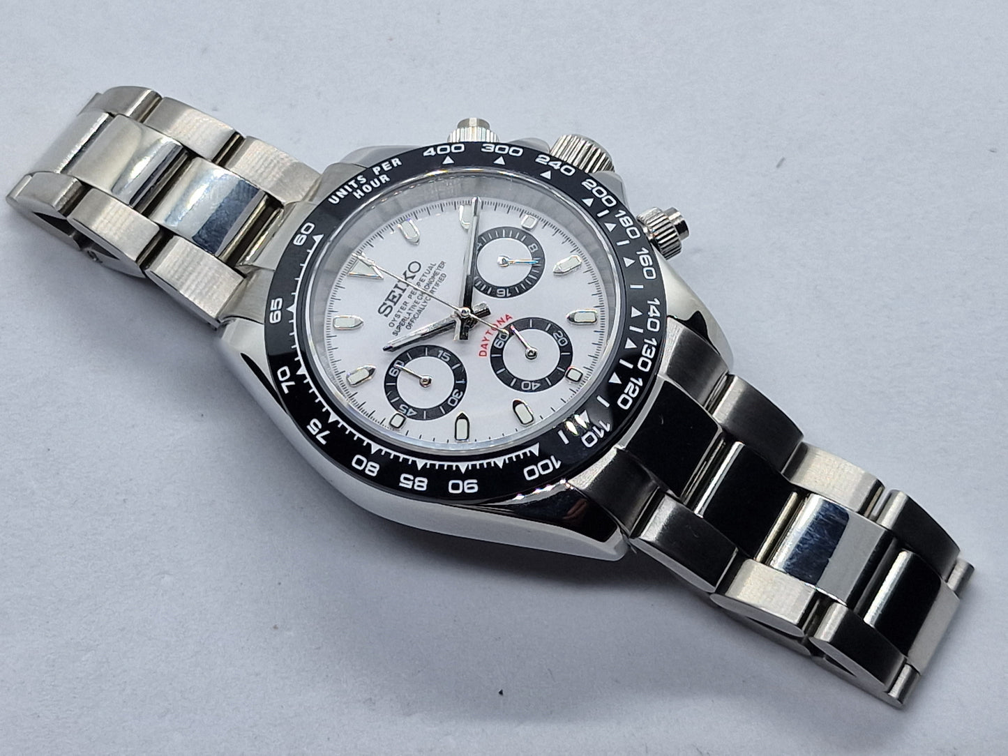 Seiko Mod Daytona cronografo bianco Vk63 quarzo lunetta ceramica