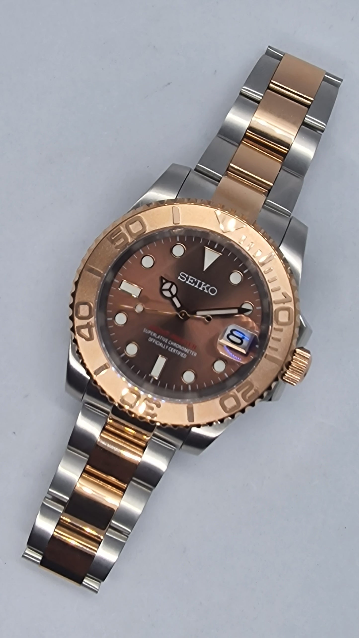 Seiko Mod Yachtmaster Chocolate Steel and Rose Gold Nh35 Automatic 40mm Custom