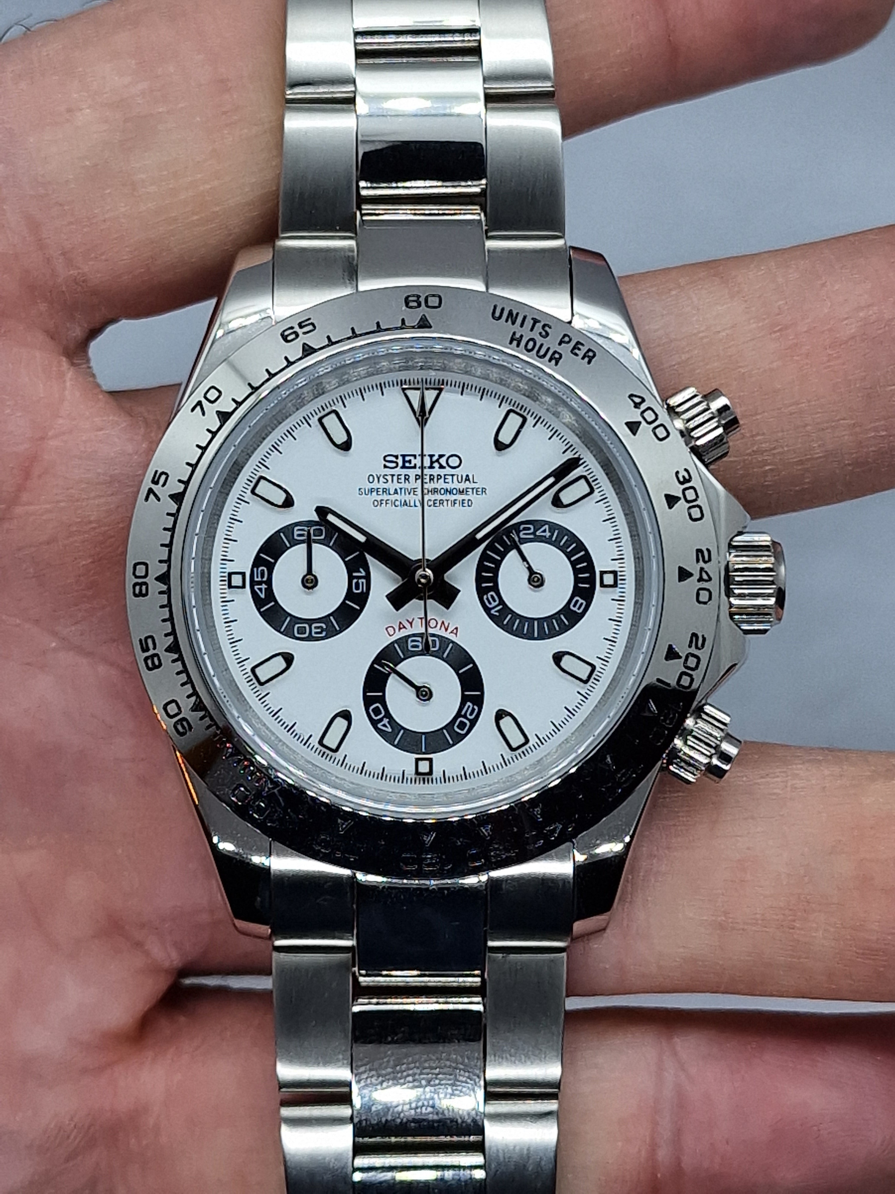 Seiko Mod Daytona White Chronograph Vk63 quartz 40 mm customized