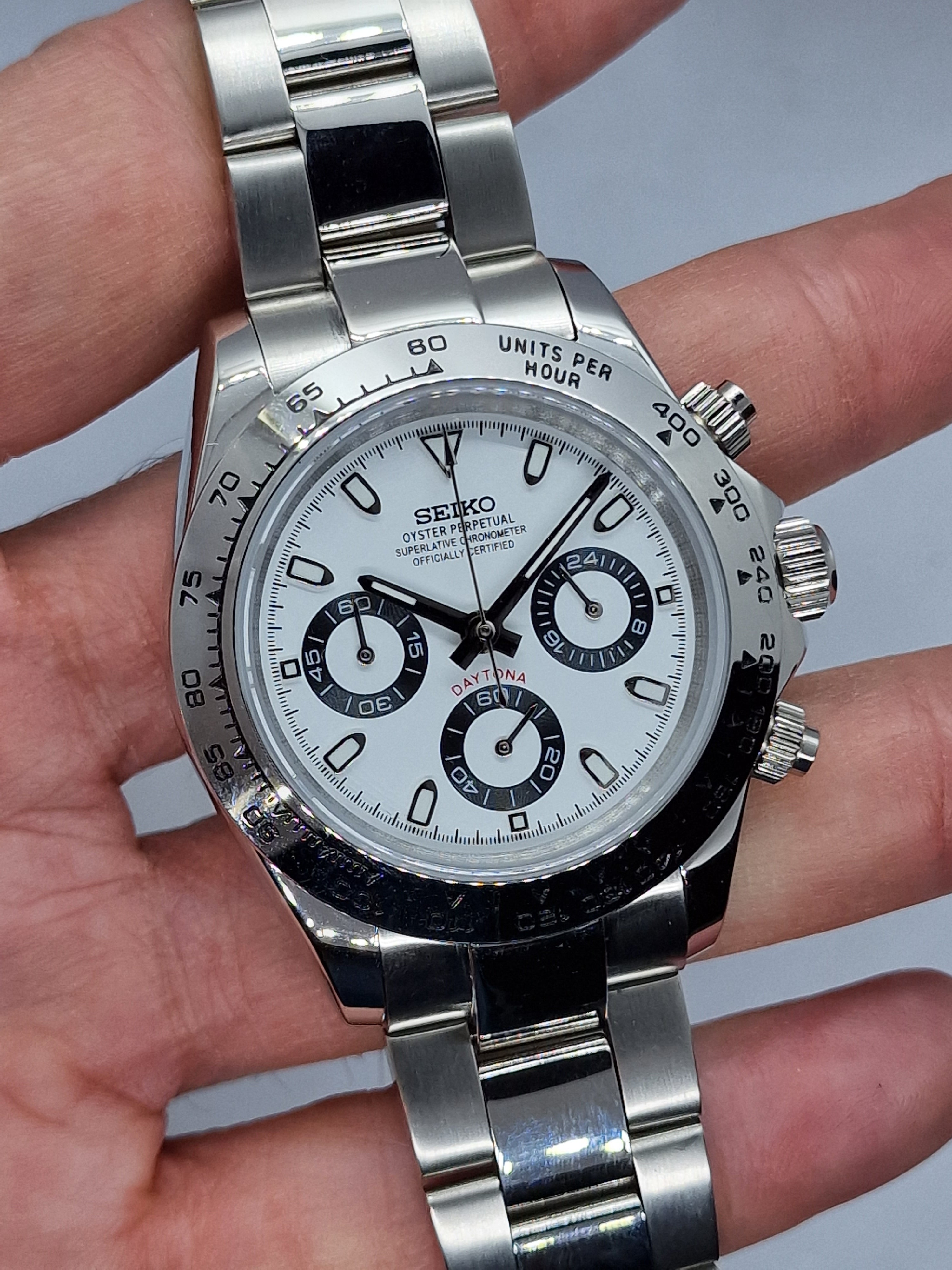 Seiko Mod Daytona White Chronograph Vk63 quartz 40 mm customized 