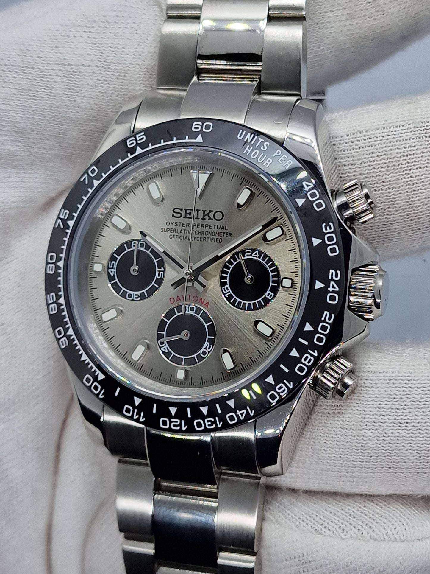 Seiko Mod Daytona Ghost Grey cronografo Vk63 quarzo 40 mm vetro zaffiro