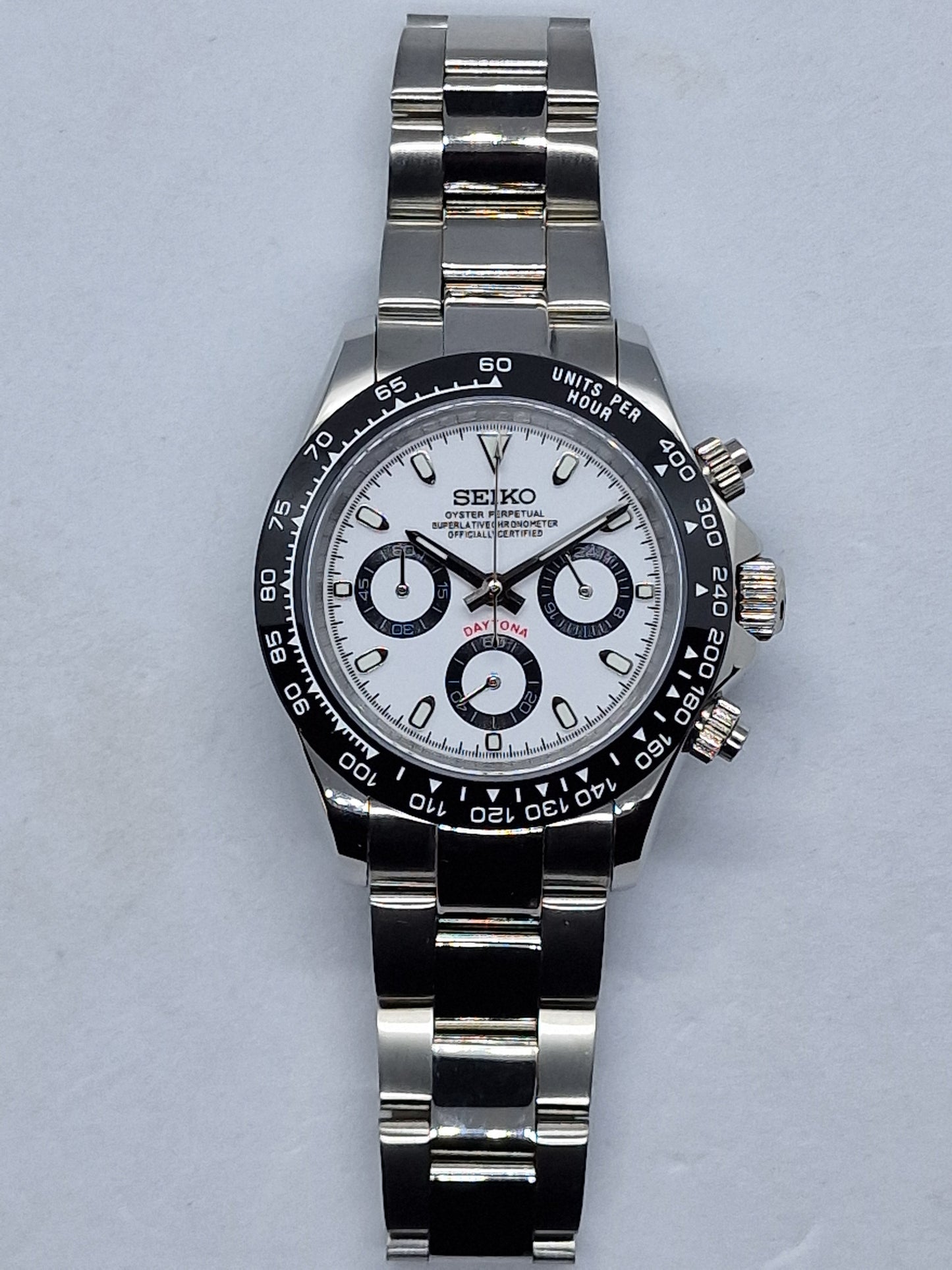 Seiko Mod Daytona cronografo bianco Vk63 quarzo lunetta ceramica