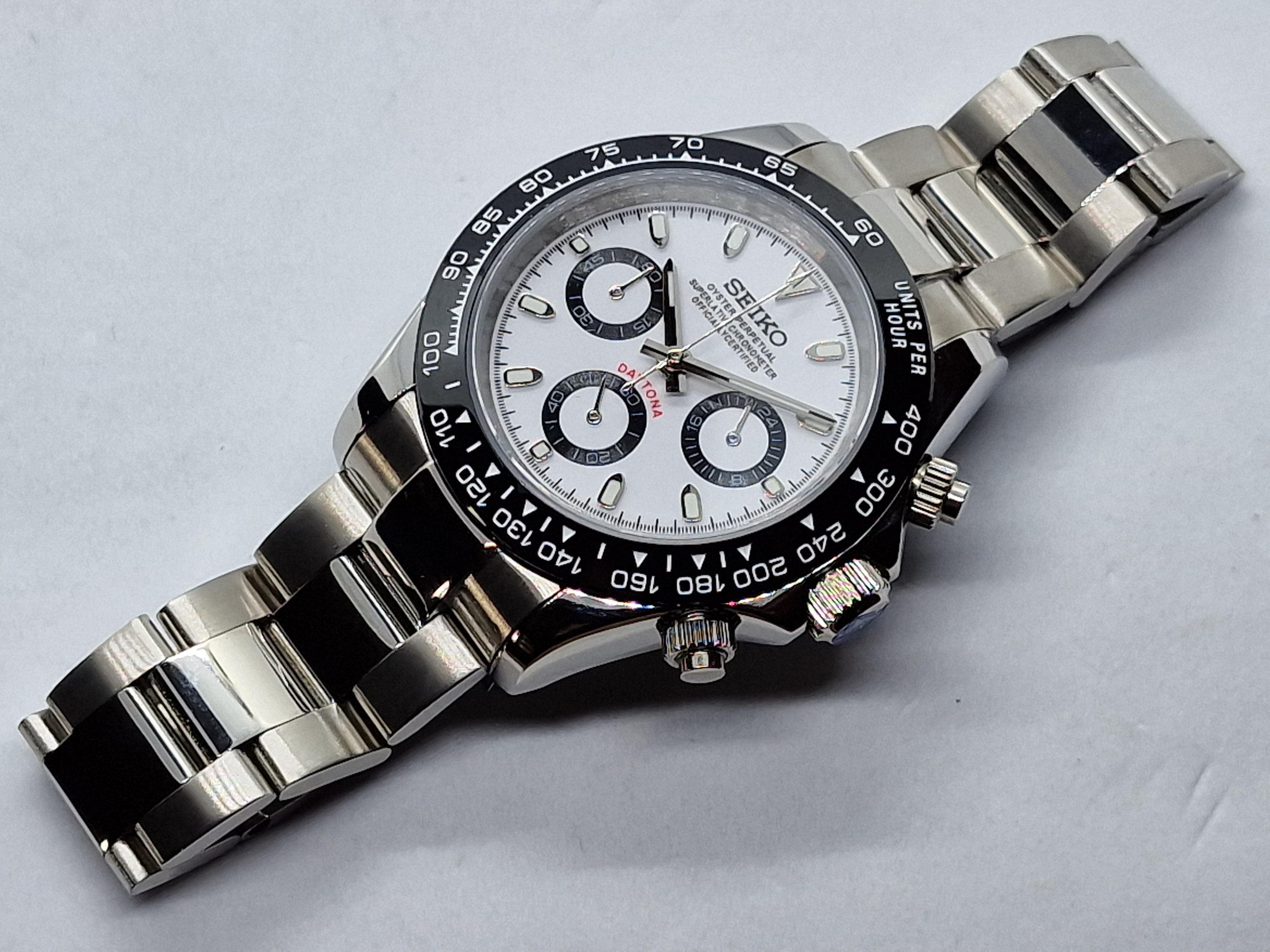 Seiko Mod Daytona White Chronograph Vk63 Quartz Ceramic Bezel Custom –  Dwatchmod