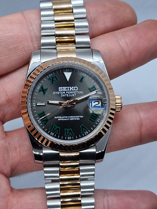 Seiko Mod Datejust Wimbledon Nh35 automatico acciaio e oro rosa vetro zaffiro