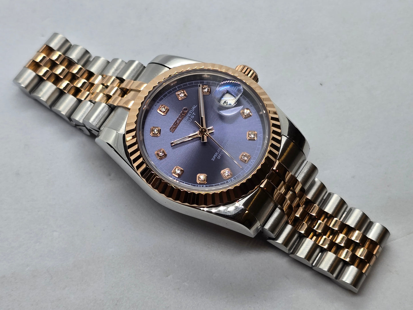 Seiko Mod Datejust Nh35 automatico 36mm acciaio e oro rosa vetro zaffiro