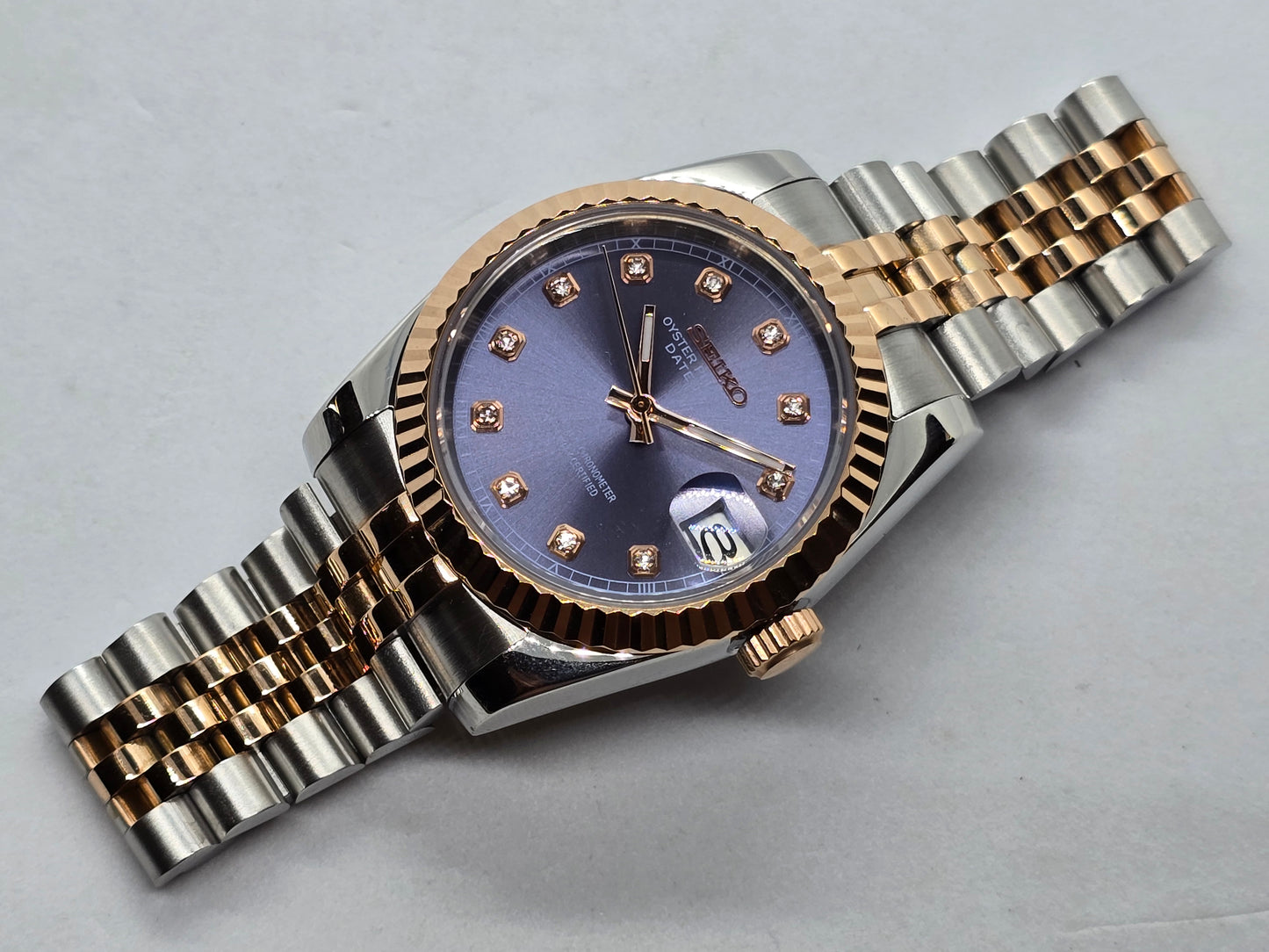 Seiko Mod Datejust Nh35 automatico 36mm acciaio e oro rosa vetro zaffiro