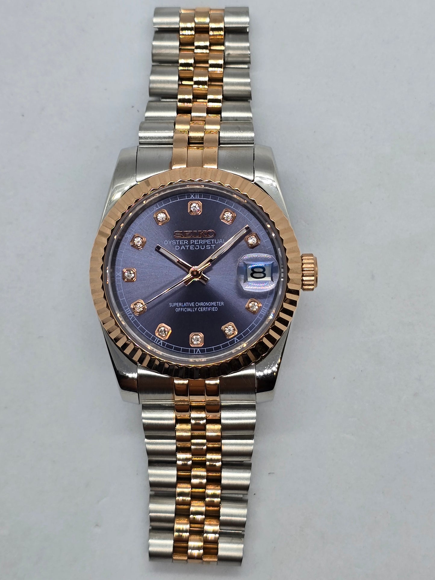 Seiko Mod Datejust Nh35 automatico 36mm acciaio e oro rosa vetro zaffiro