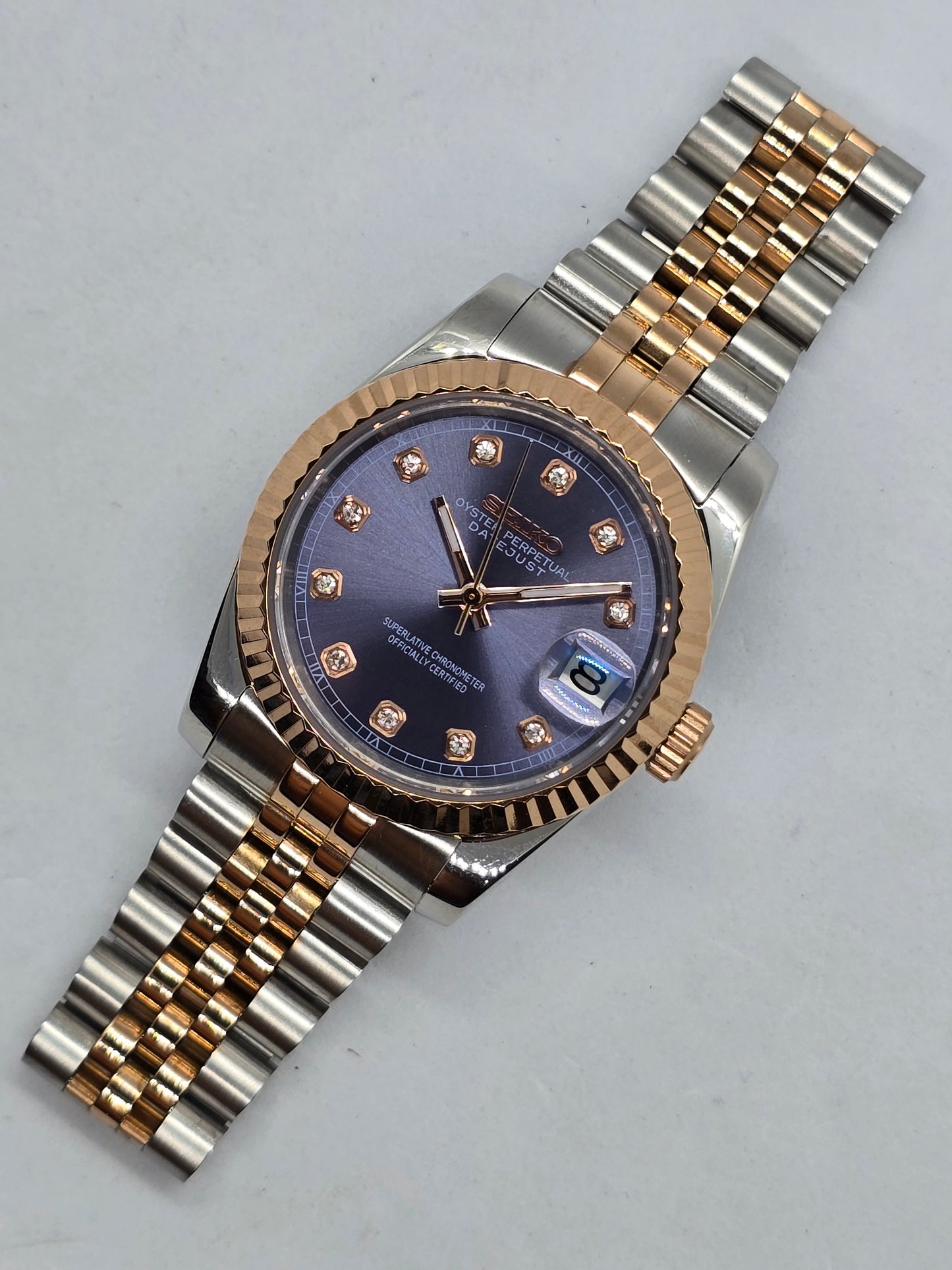 Seiko Mod Datejust Nh35 automatico 36mm acciaio e oro rosa vetro zaffiro