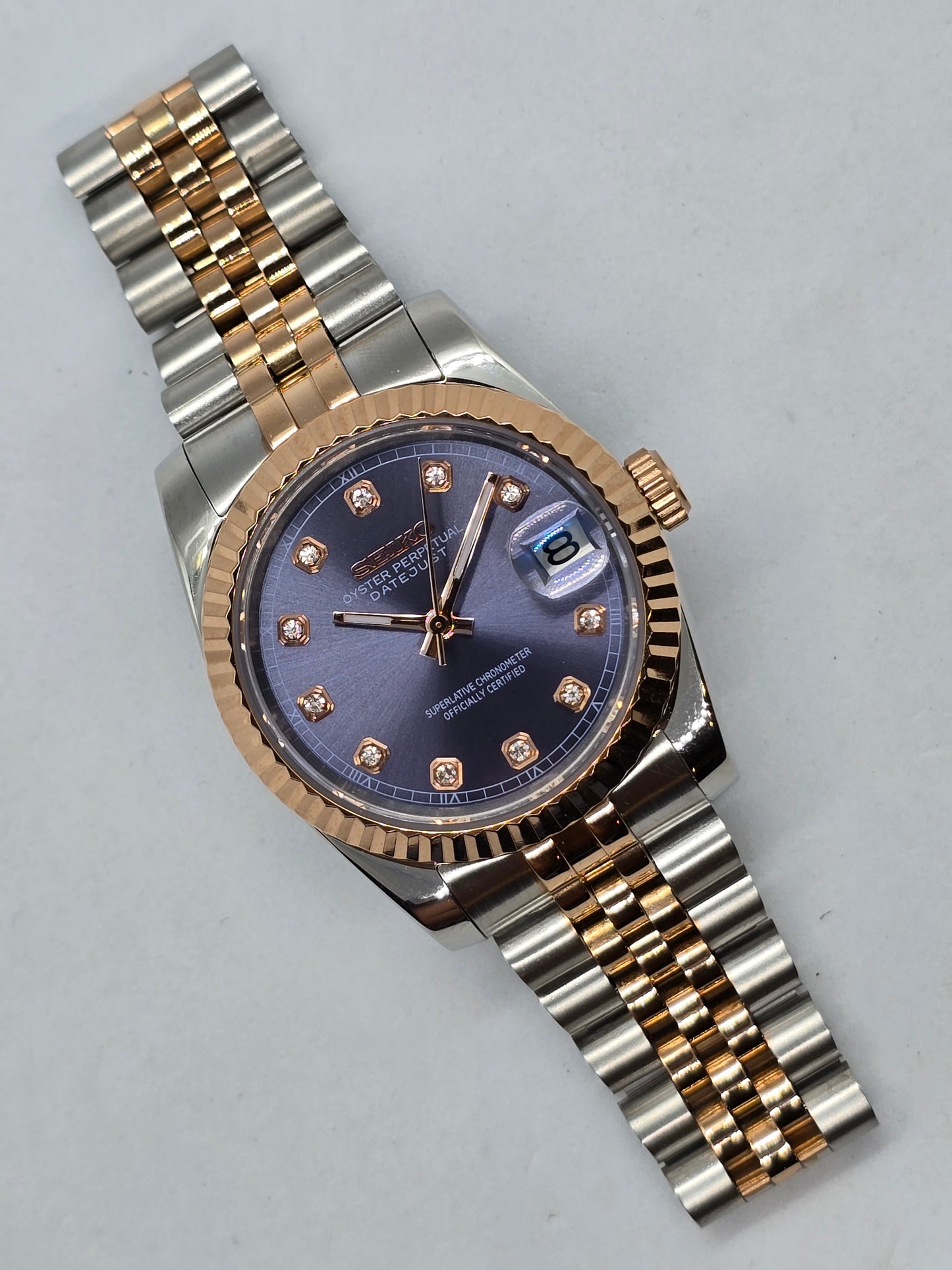 Seiko Mod Datejust Nh35 automatico 36mm acciaio e oro rosa vetro zaffiro