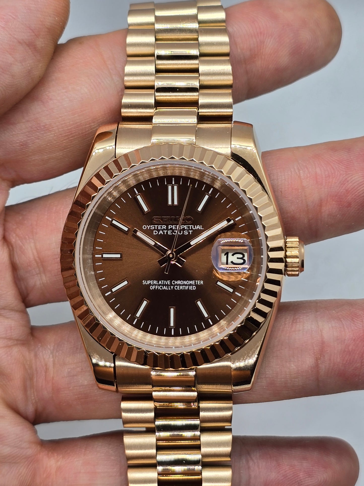 Seiko Mod Datejust "Chocolate" Nh35 oro rosa automatico 39mm vetro zaffiro