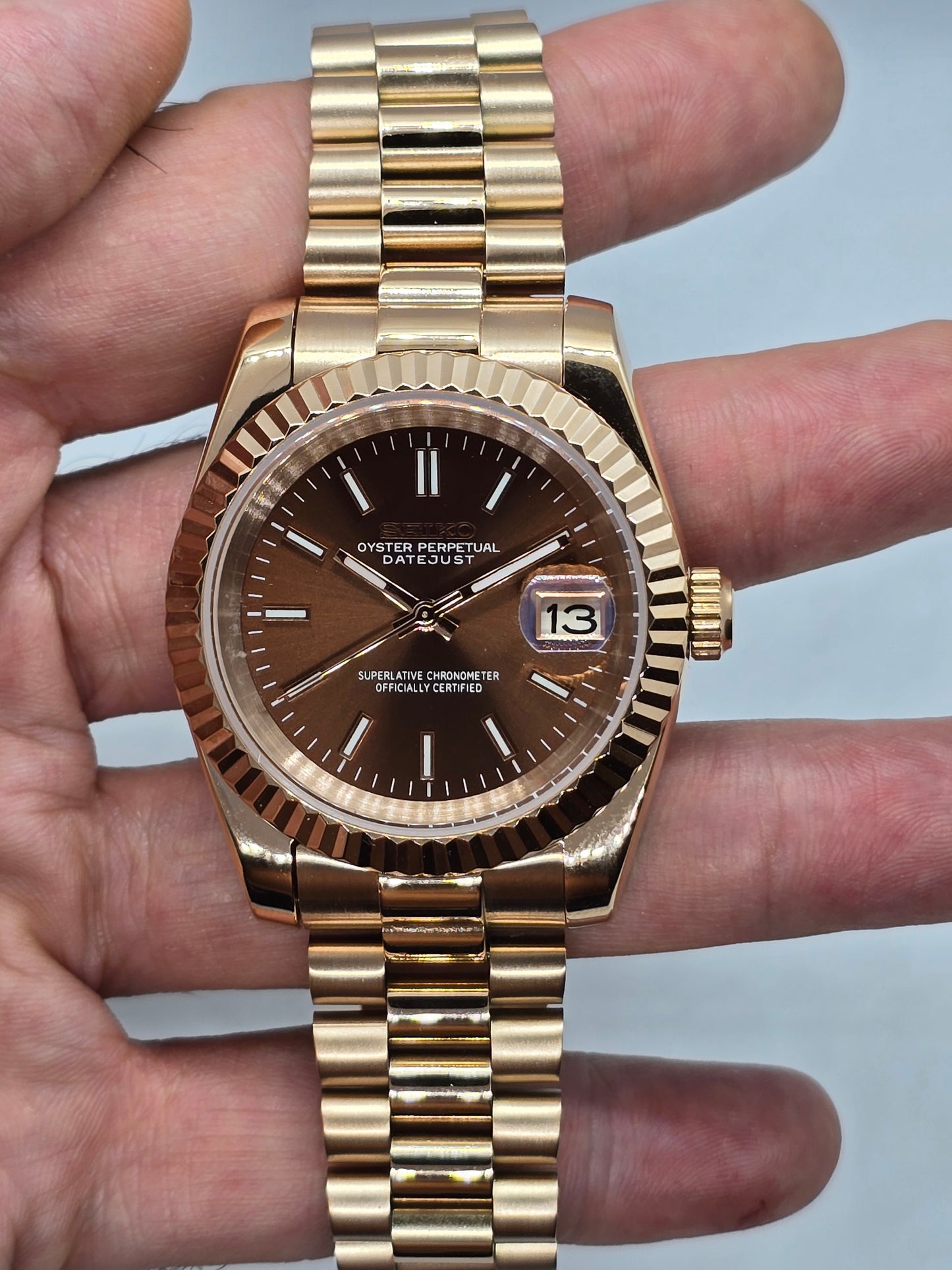 Seiko Mod Datejust "Chocolate" Nh35 oro rosa automatico 39mm vetro zaffiro