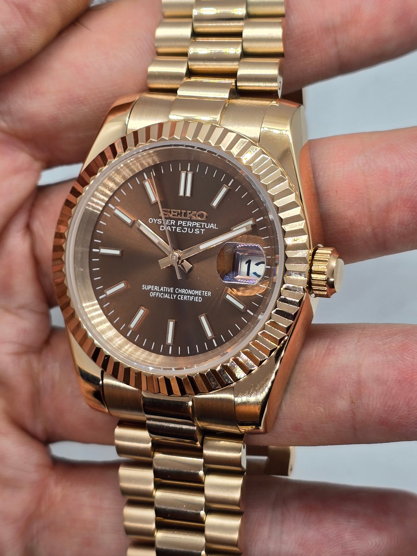 Seiko Mod Datejust "Chocolate" Nh35 oro rosa automatico 39mm vetro zaffiro