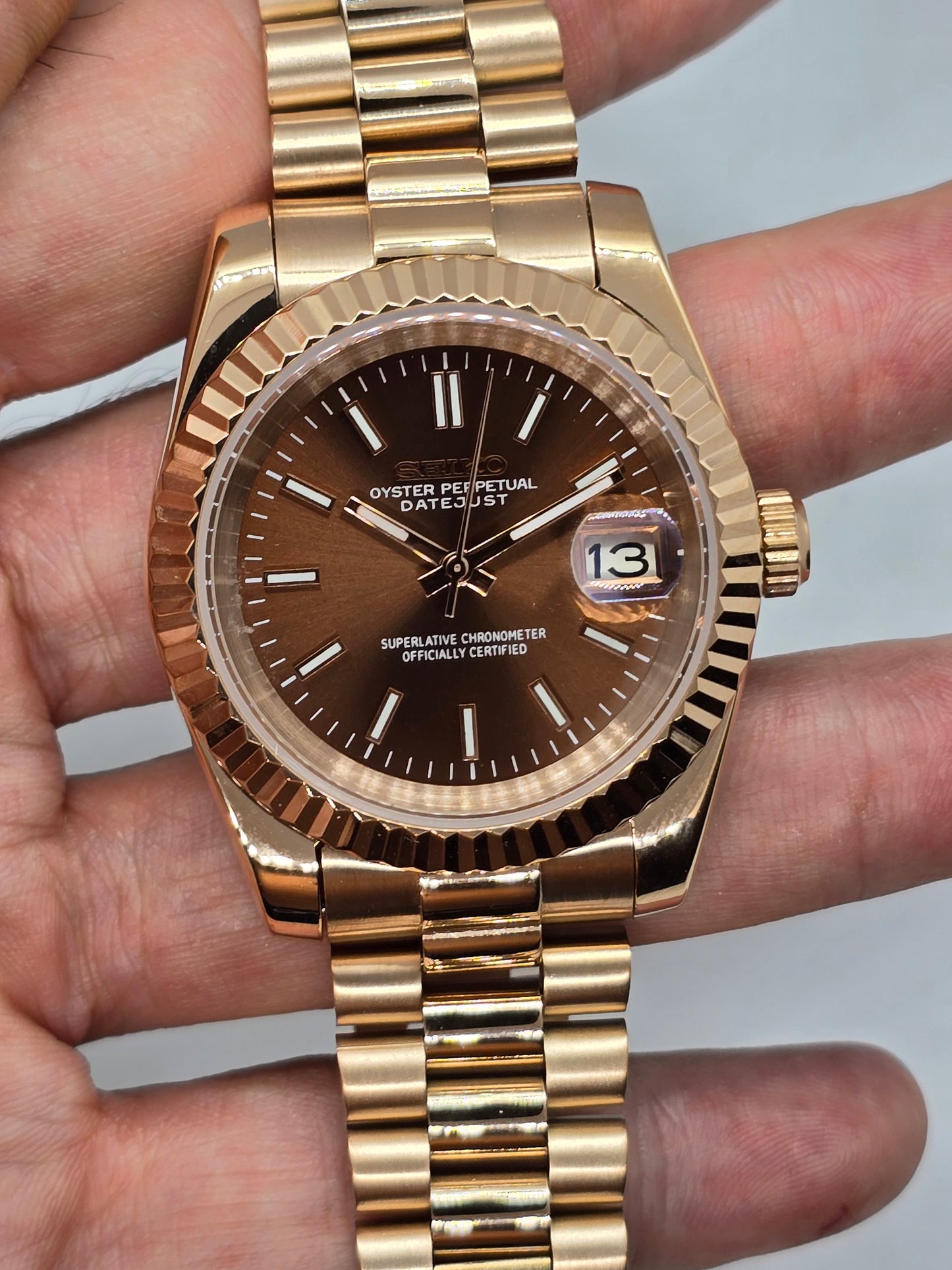 Seiko Mod Datejust "Chocolate" Nh35 oro rosa automatico 39mm vetro zaffiro