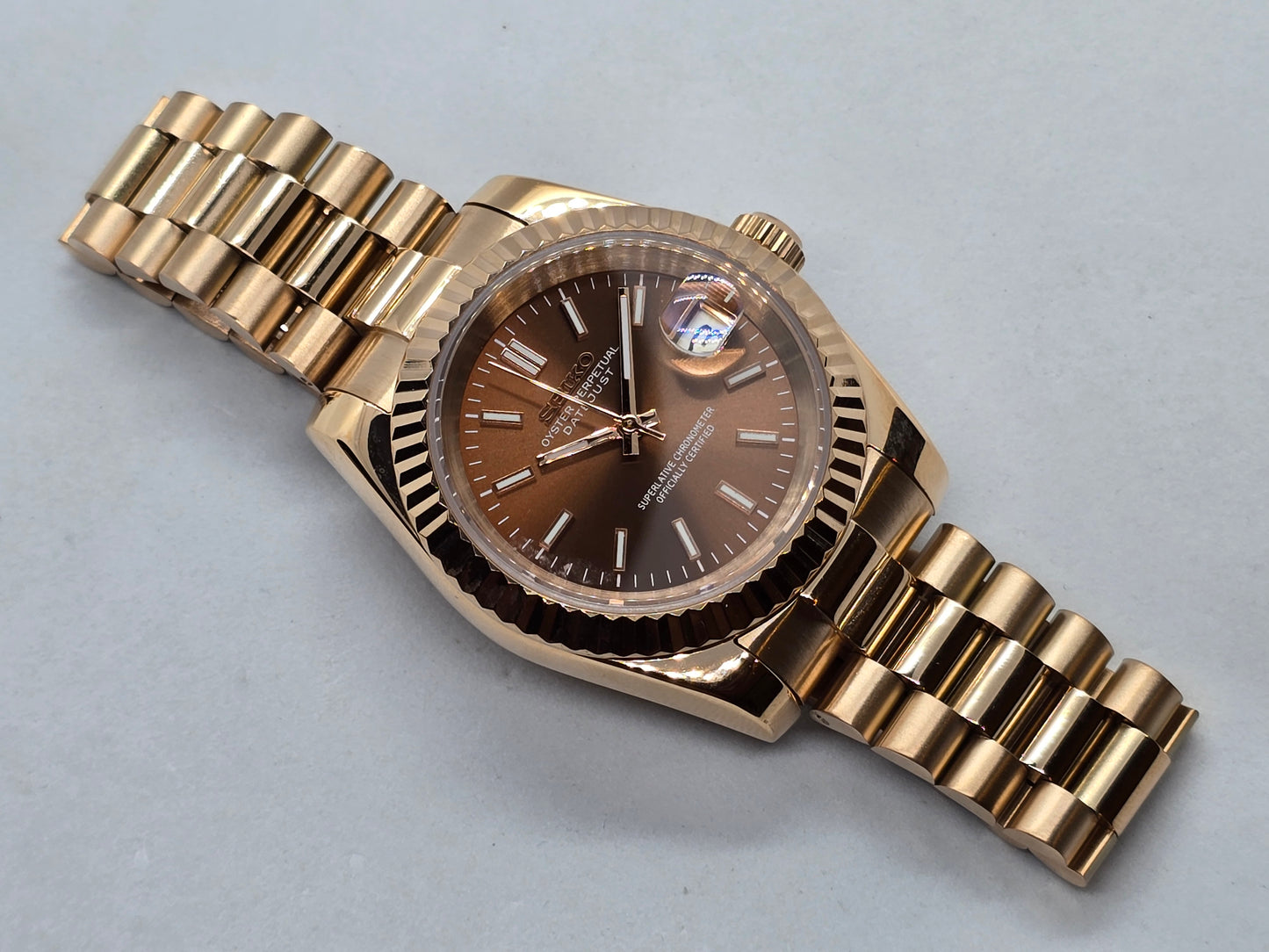 Seiko Mod Datejust "Chocolate" Nh35 oro rosa automatico 39mm vetro zaffiro