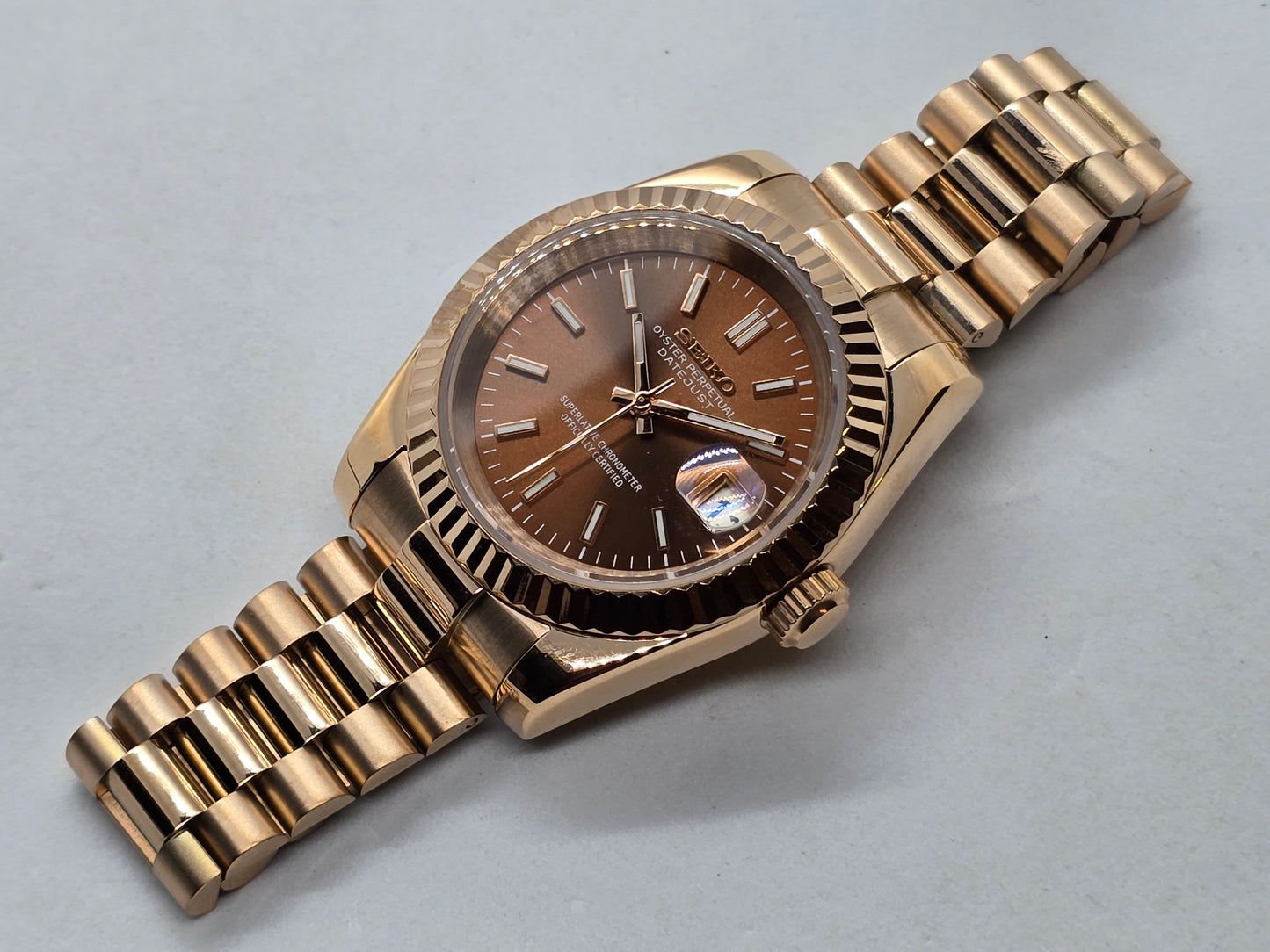 Seiko Mod Datejust "Chocolate" Nh35 oro rosa automatico 39mm vetro zaffiro