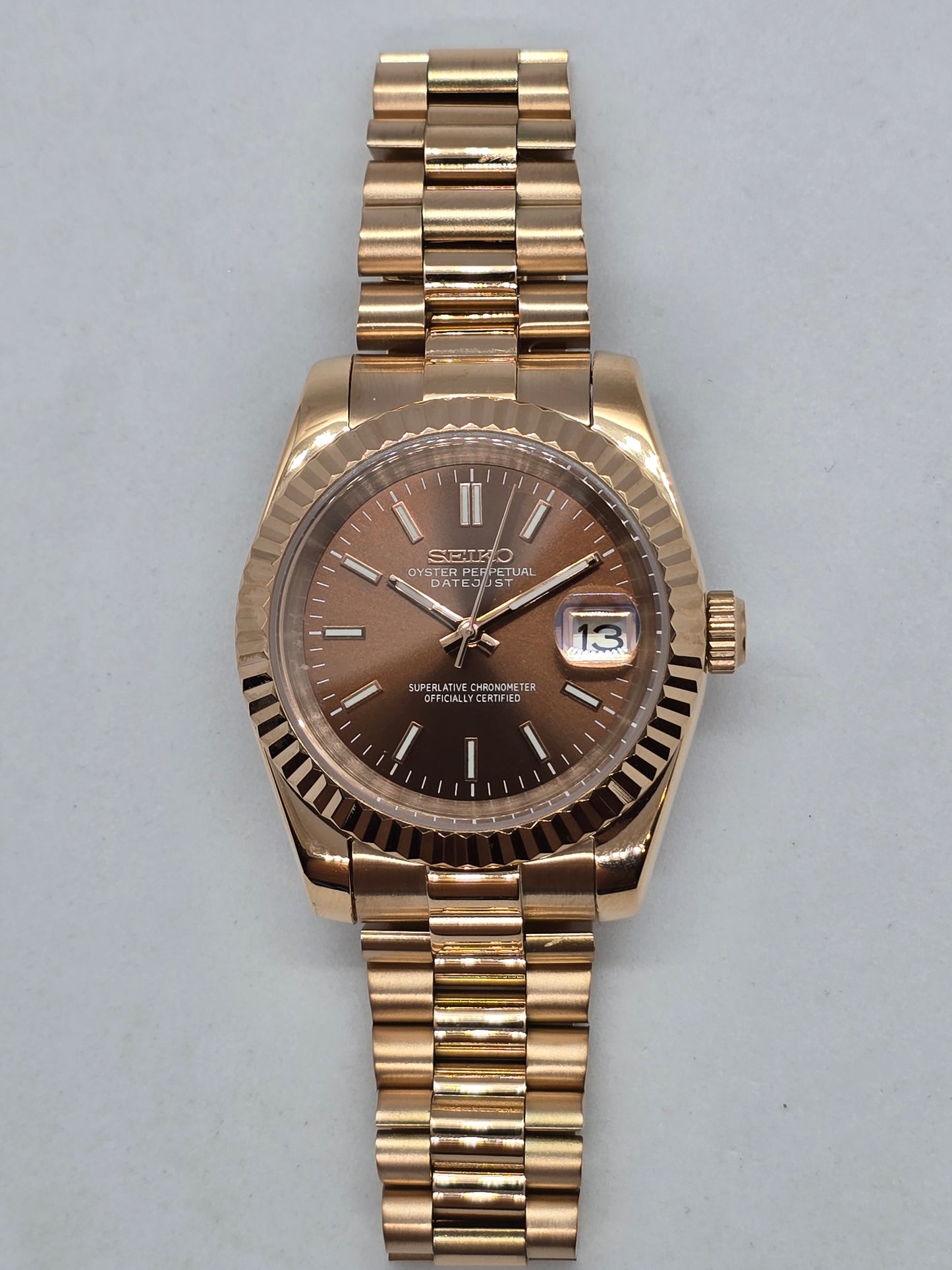 Seiko Mod Datejust "Chocolate" Nh35 oro rosa automatico 39mm vetro zaffiro