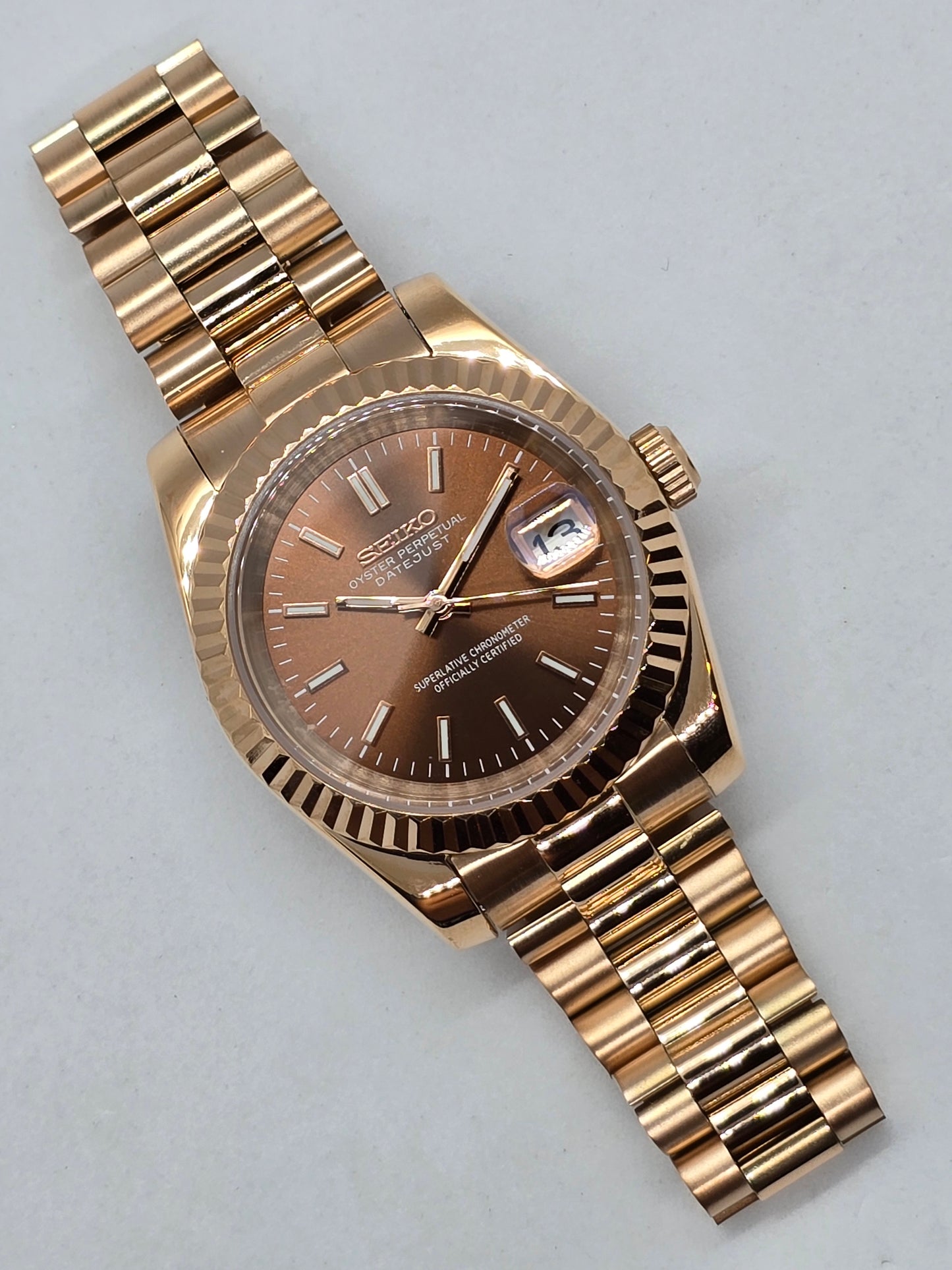 Seiko Mod Datejust "Chocolate" Nh35 oro rosa automatico 39mm vetro zaffiro