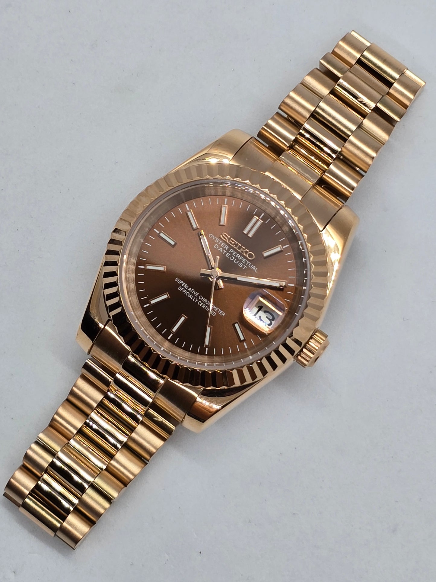 Seiko Mod Datejust "Chocolate" Nh35 oro rosa automatico 39mm vetro zaffiro