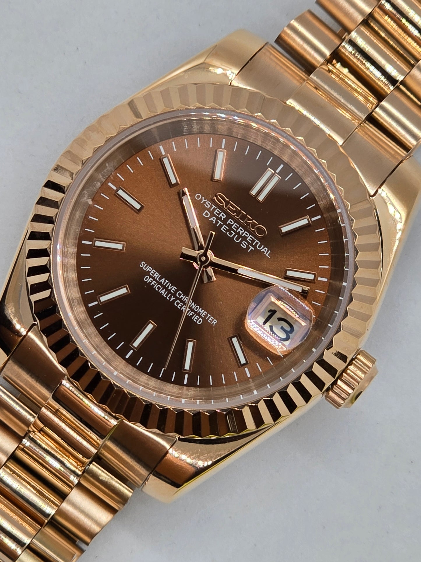 Seiko Mod Datejust "Chocolate" Nh35 oro rosa automatico 39mm vetro zaffiro