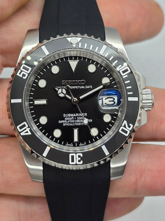 Seiko Mod Submariner Oyster Nh35 automatico 40mm cinturino nero caucciù