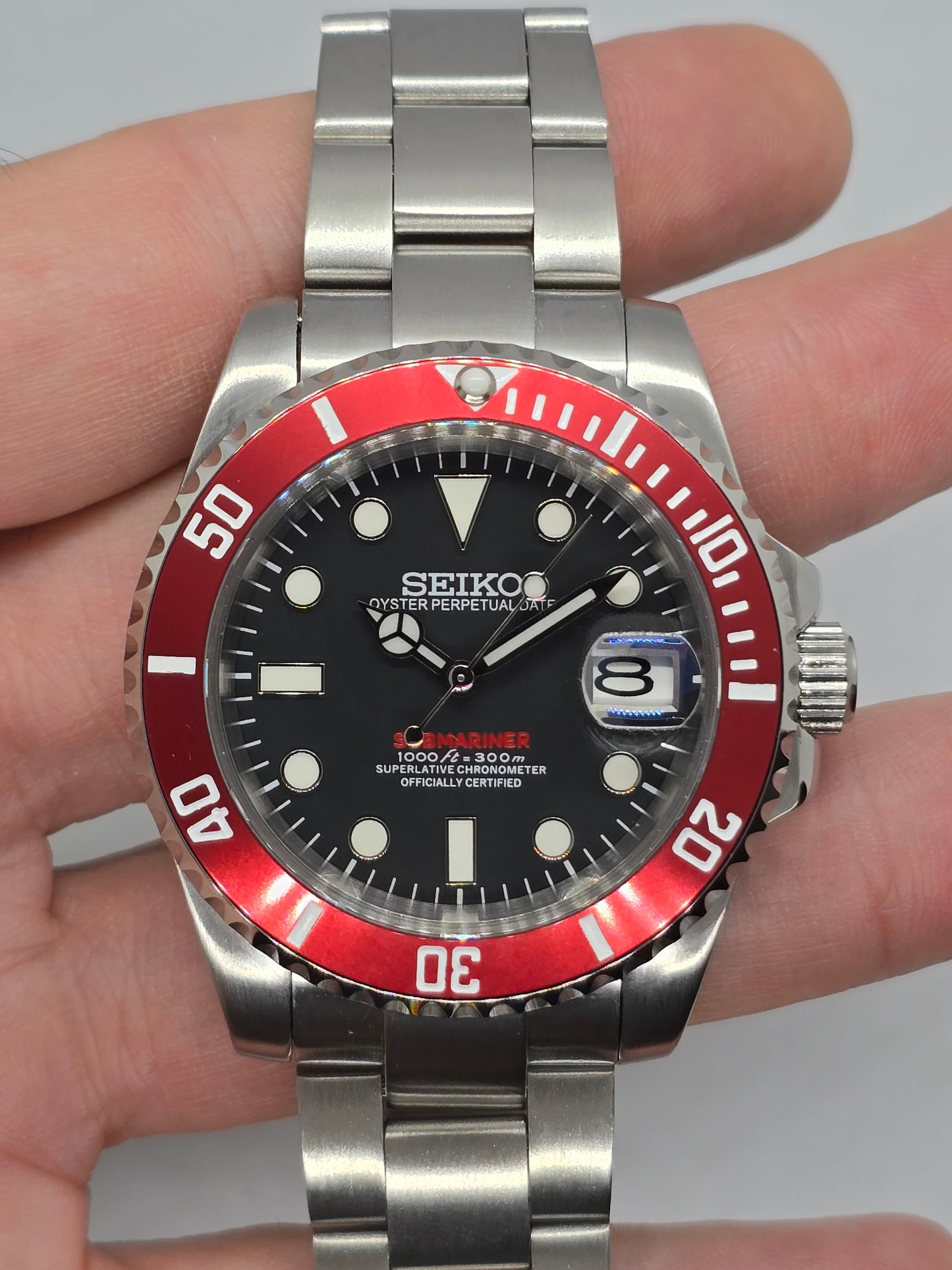 Seiko Mod Submariner Oyster Nh35 automatico 40mm lunetta rossa ceramica