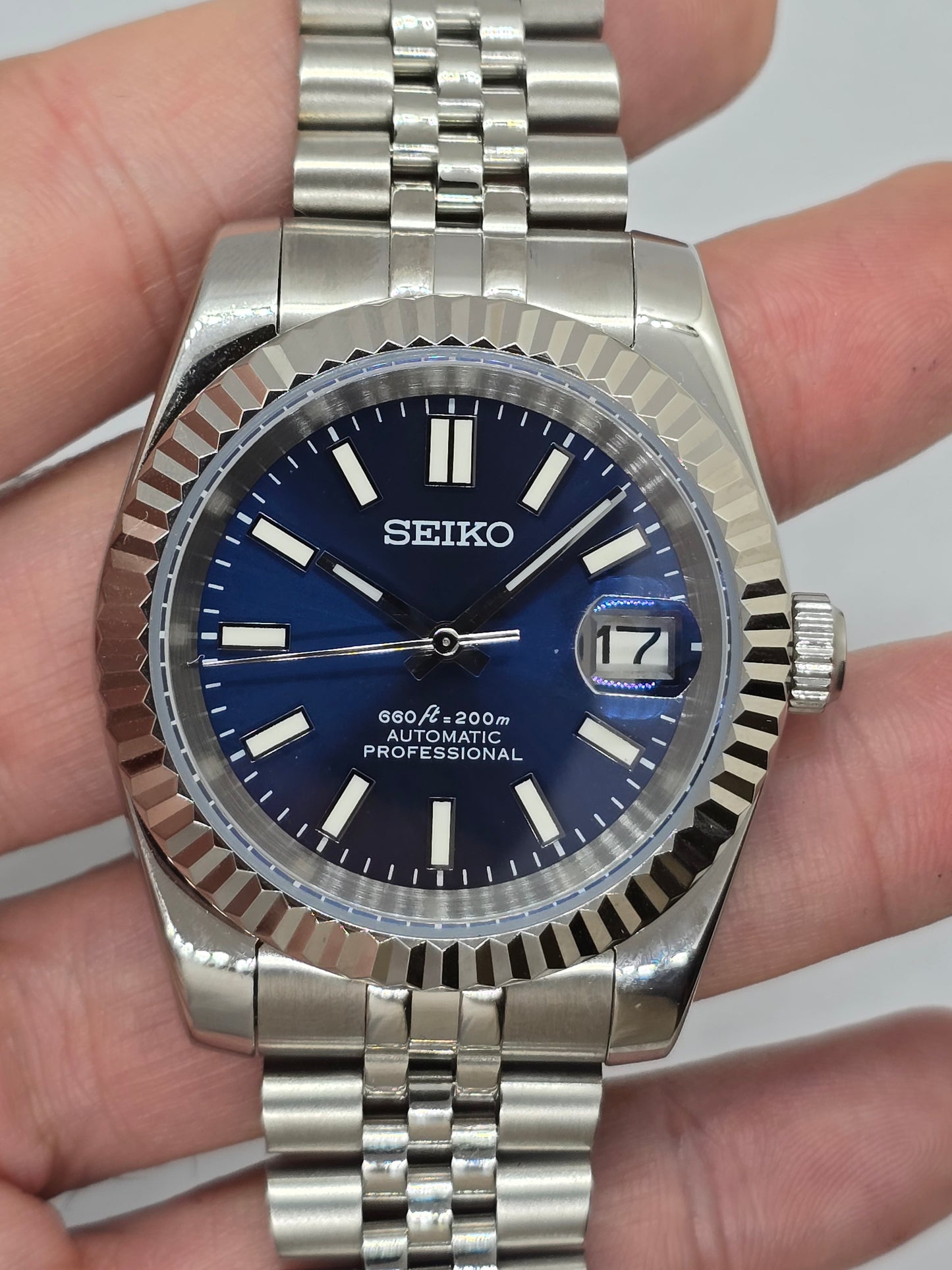 Seiko Mod Datejust blu Nh35 automatico 39 mm vetro zaffiro