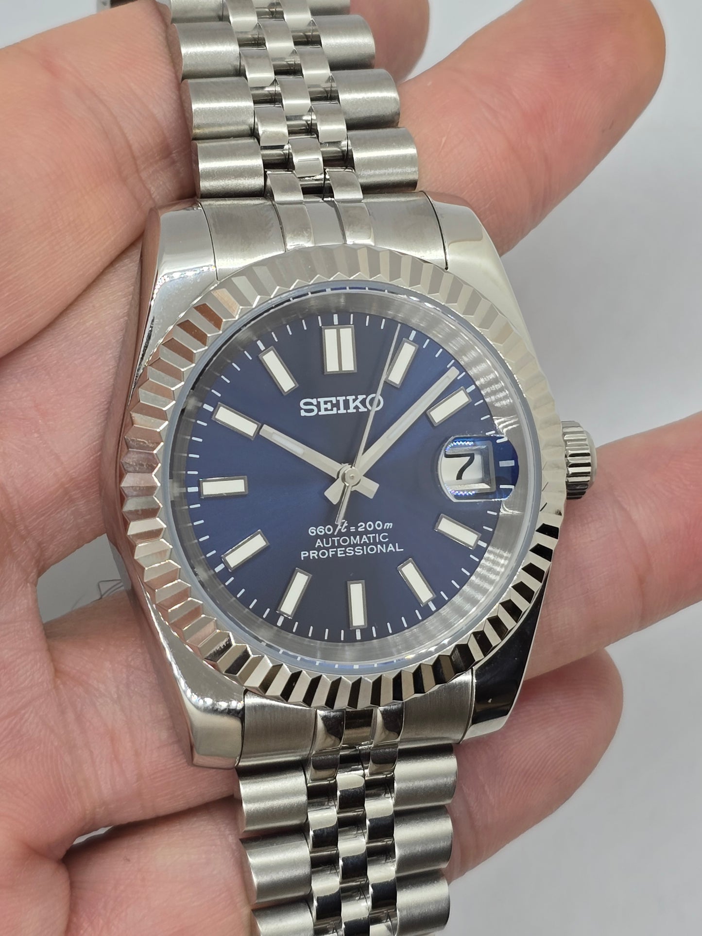 Seiko Mod Datejust blu Nh35 automatico 39 mm vetro zaffiro