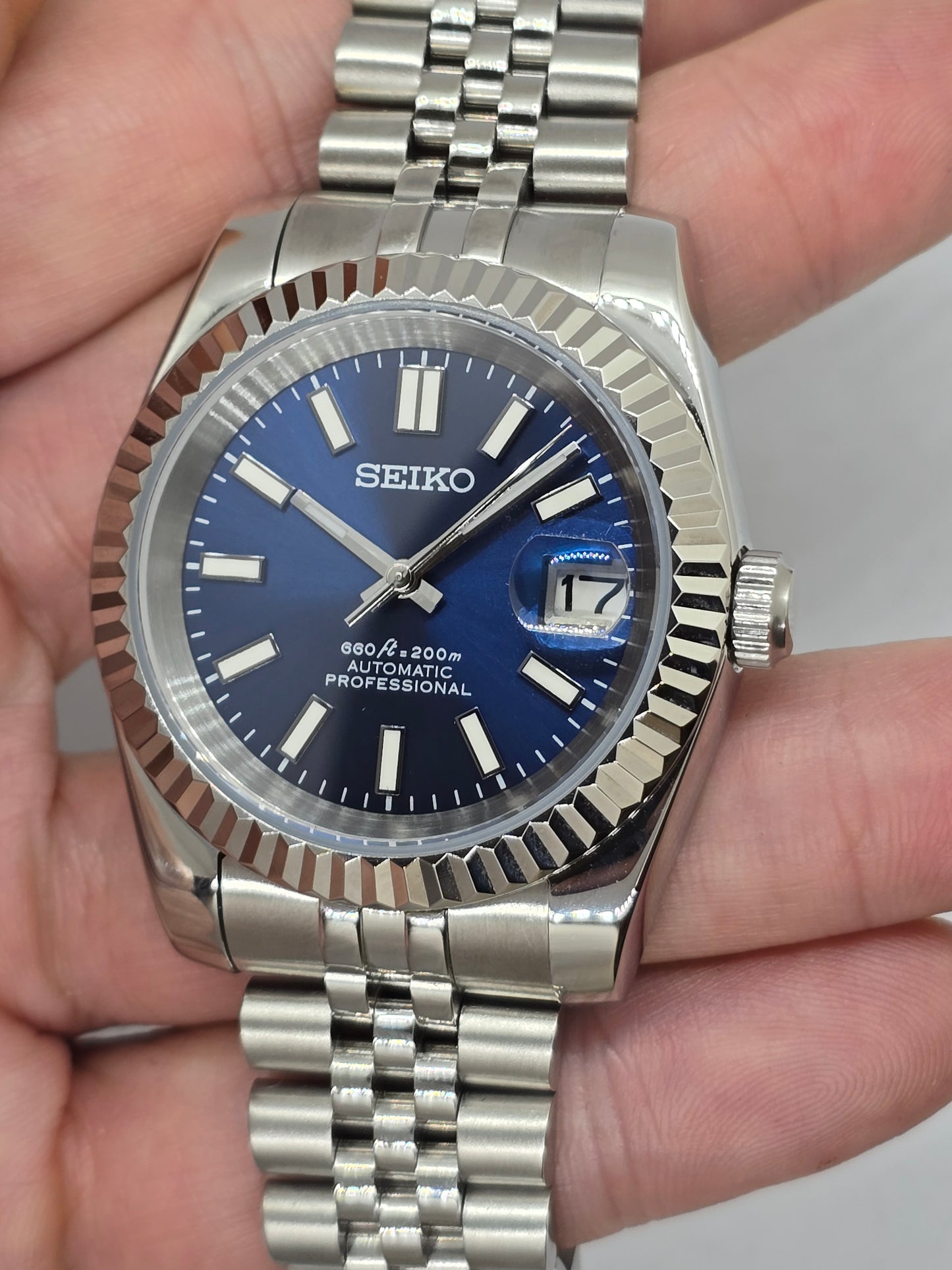 Seiko Mod Datejust blu Nh35 automatico 39 mm vetro zaffiro