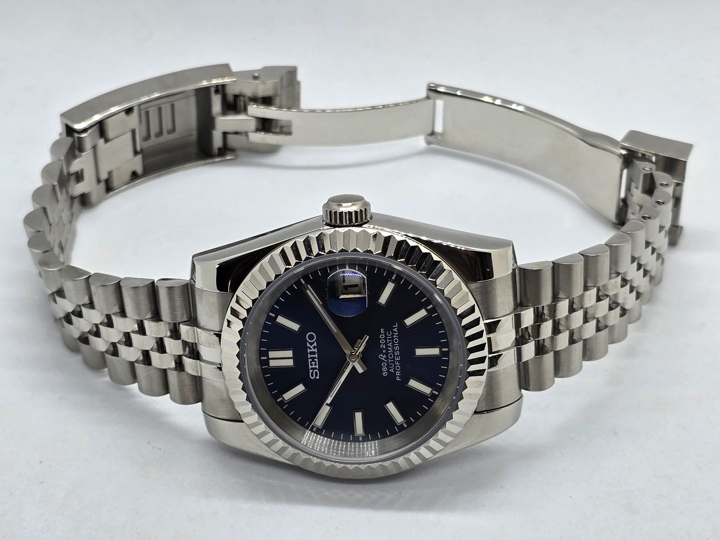 Seiko Mod Datejust blu Nh35 automatico 39 mm vetro zaffiro