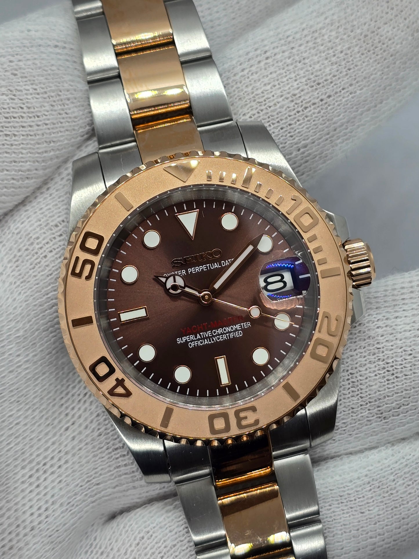 Seiko Mod Yachtmaster Chocolate Steel and Rose Gold Nh35 Automatic 40mm Custom